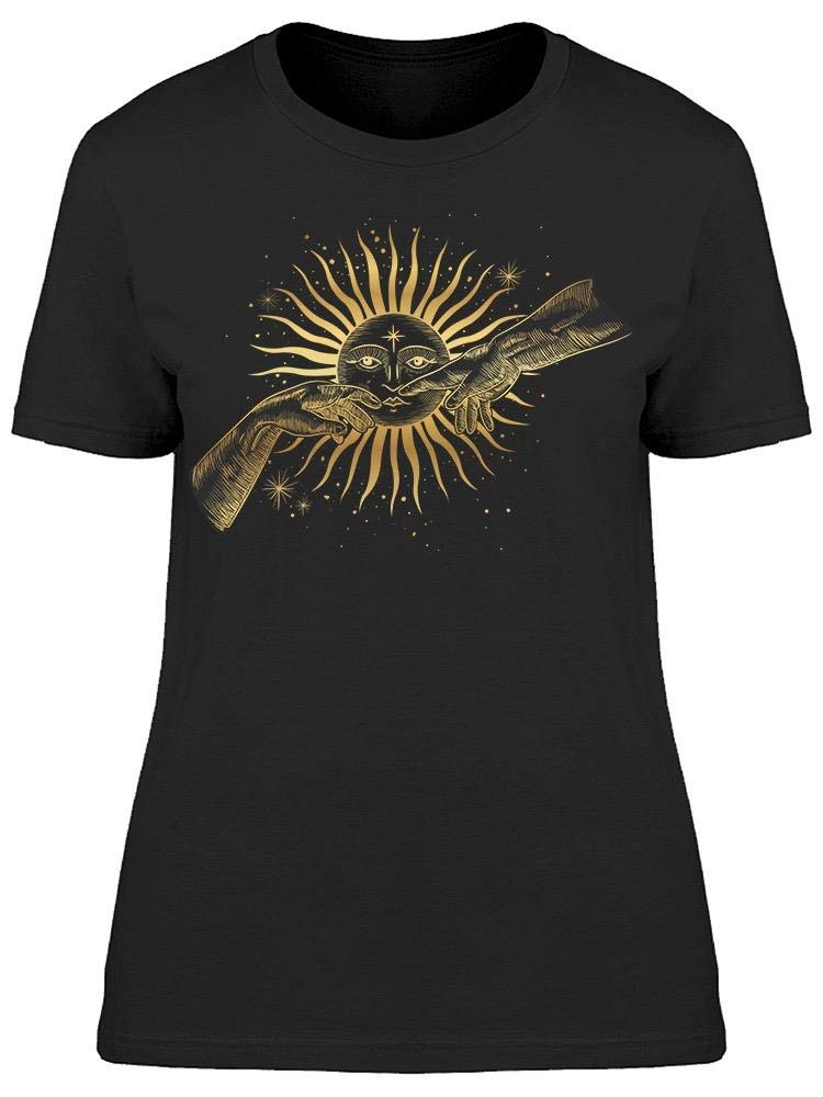Women's Sun and Contact Hands Graphic T-Shirt - Casual Short Sleeve Tee for Summer Outfits, Beach Trips & Everyday Wear