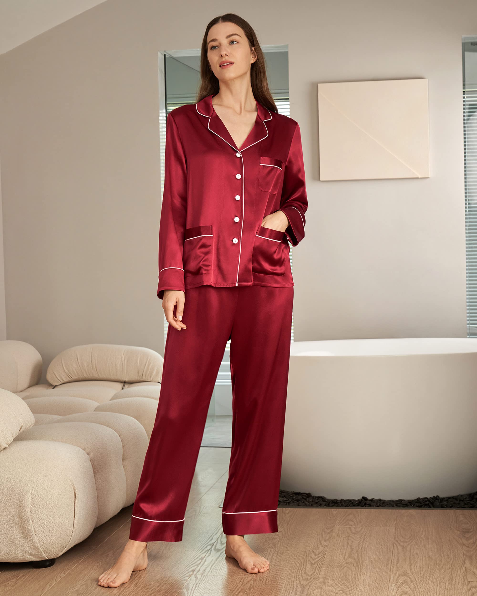 LilySilk Women's Long Silk Pajamas Set - V Neck Notched Collar with White Trim - Luxurious 100% Mulberry Silk Sleepwear for Women - Perfect for Relaxing at Home, Spa Days & Romantic Getaways