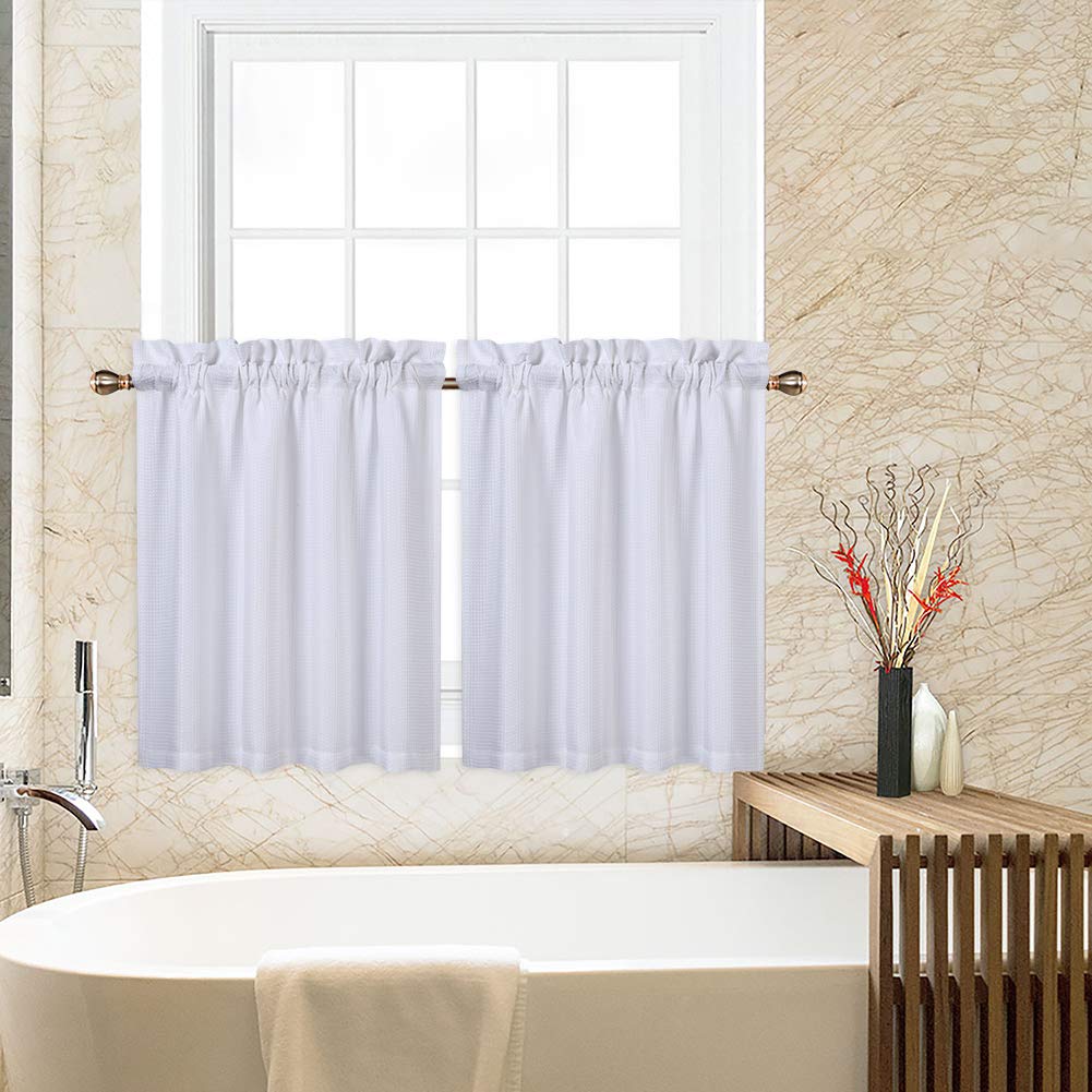 CAROMIO 30 Inch Waffle Woven Cafe Curtains - Textured Tier Kitchen & Bathroom Window Treatments, White - Perfect for Small Windows, Farmhouse Decor, and Cozy Home Style
