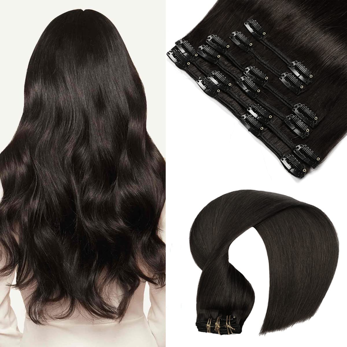 VINBAO Clip in Human Hair Extensions 16 Inch 100g 6pcs - Remy Hair Extensions Thick & Natural (#1B Off Black) for Daily Styling, Parties & Special Occasions