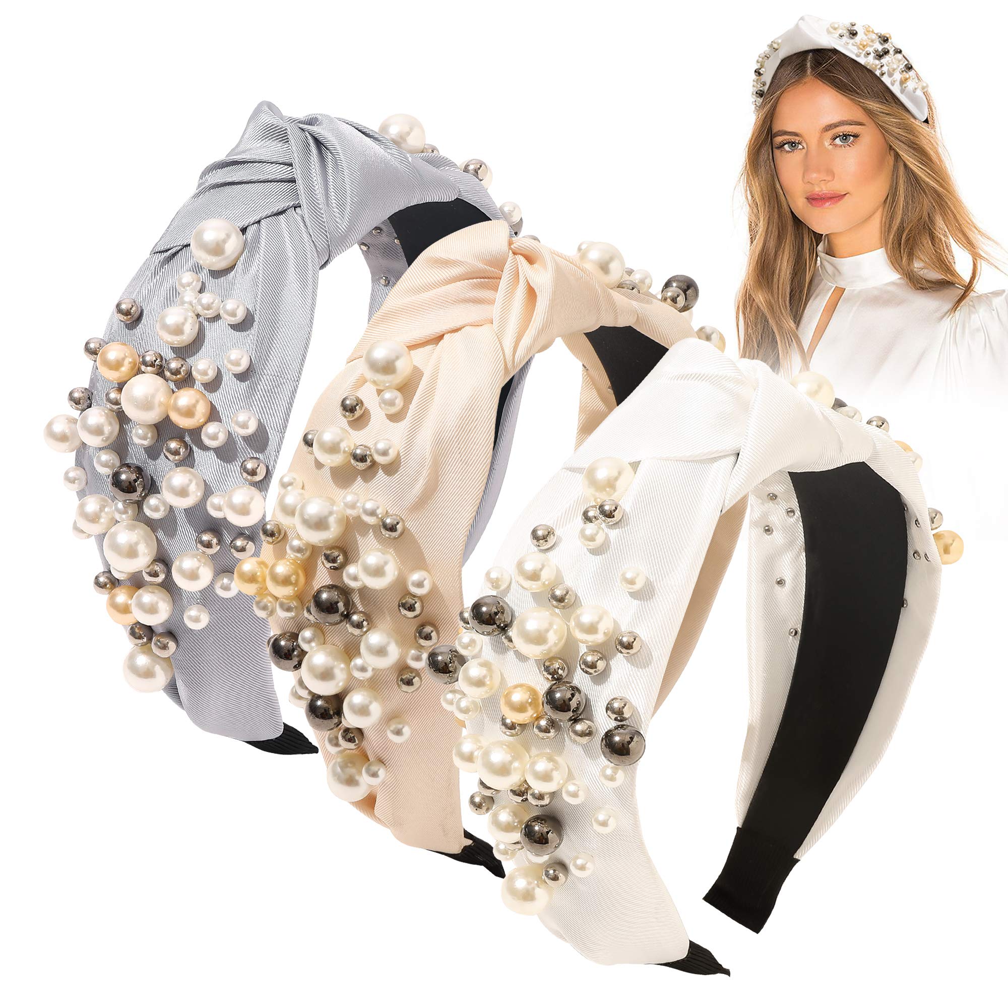 Elegant Knotted Pearl Headbands for Women - Non-Slip Fashion Hair Accessories (White, Gray, Beige) | Perfect for Weddings, Parties & Everyday Style