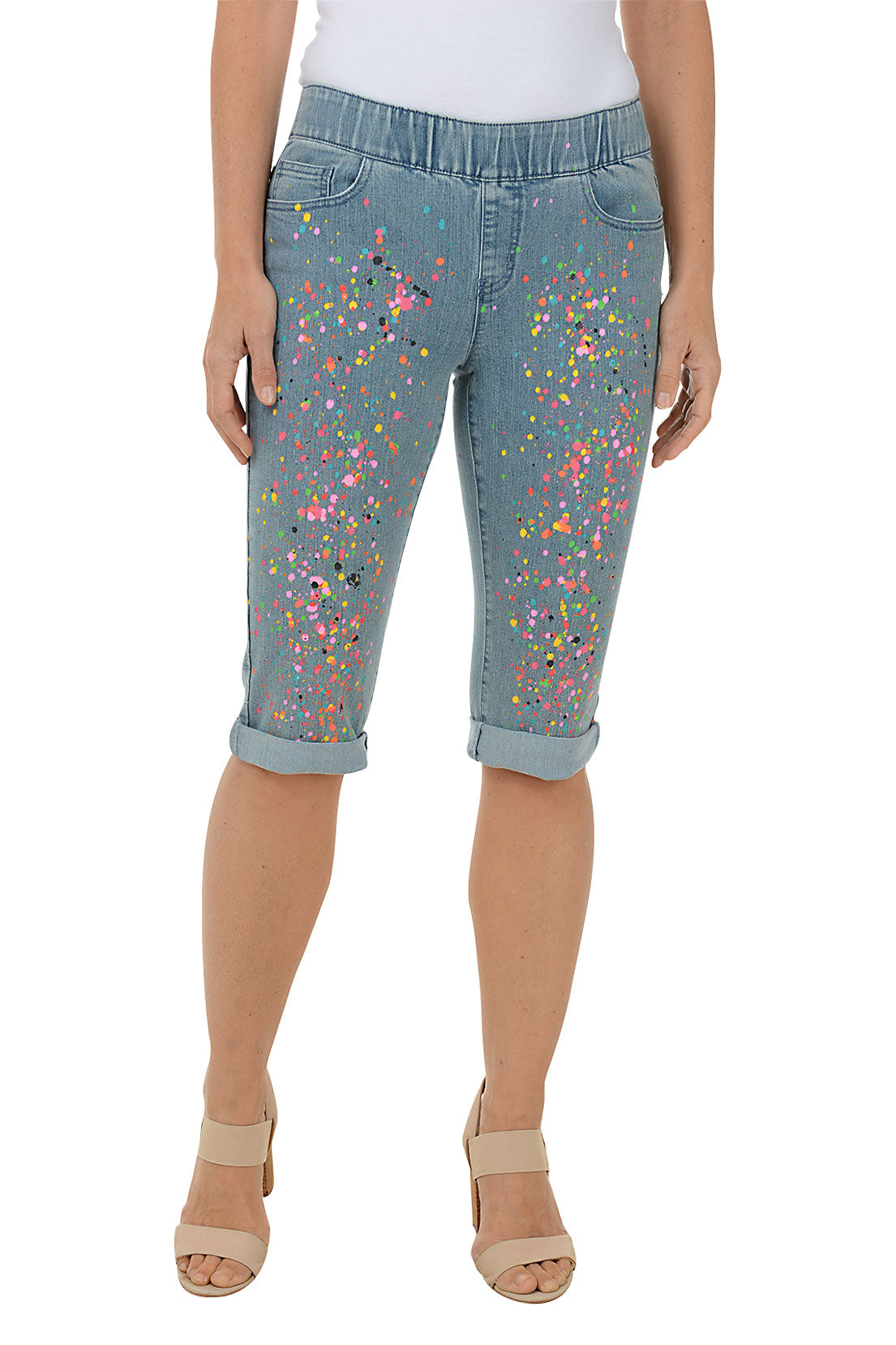 Blue Rainbow Paint Splatter Distressed Denim Shorts for Women - Trendy High Waisted Vintage Jeans for Casual Outfits & Summer Fashion