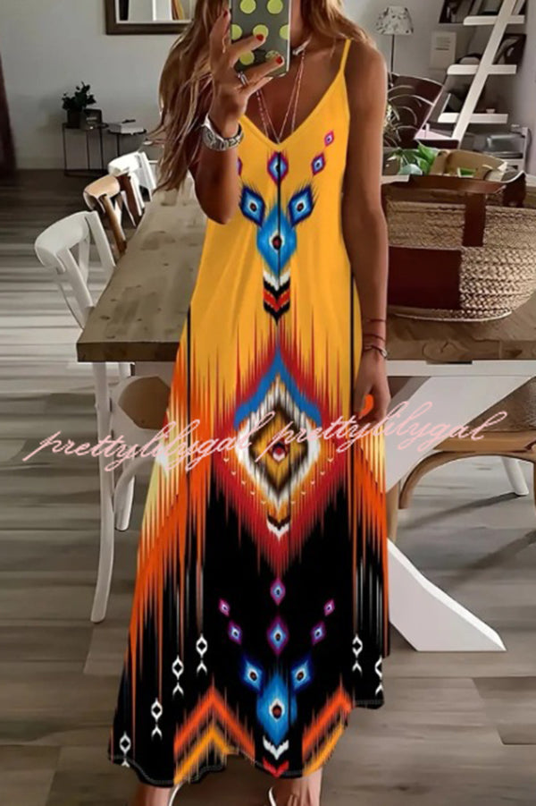 Stylish Printed V-Neck Maxi Dress with Suspenders - Perfect for Casual Outings, Beach Vacations & Summer Parties