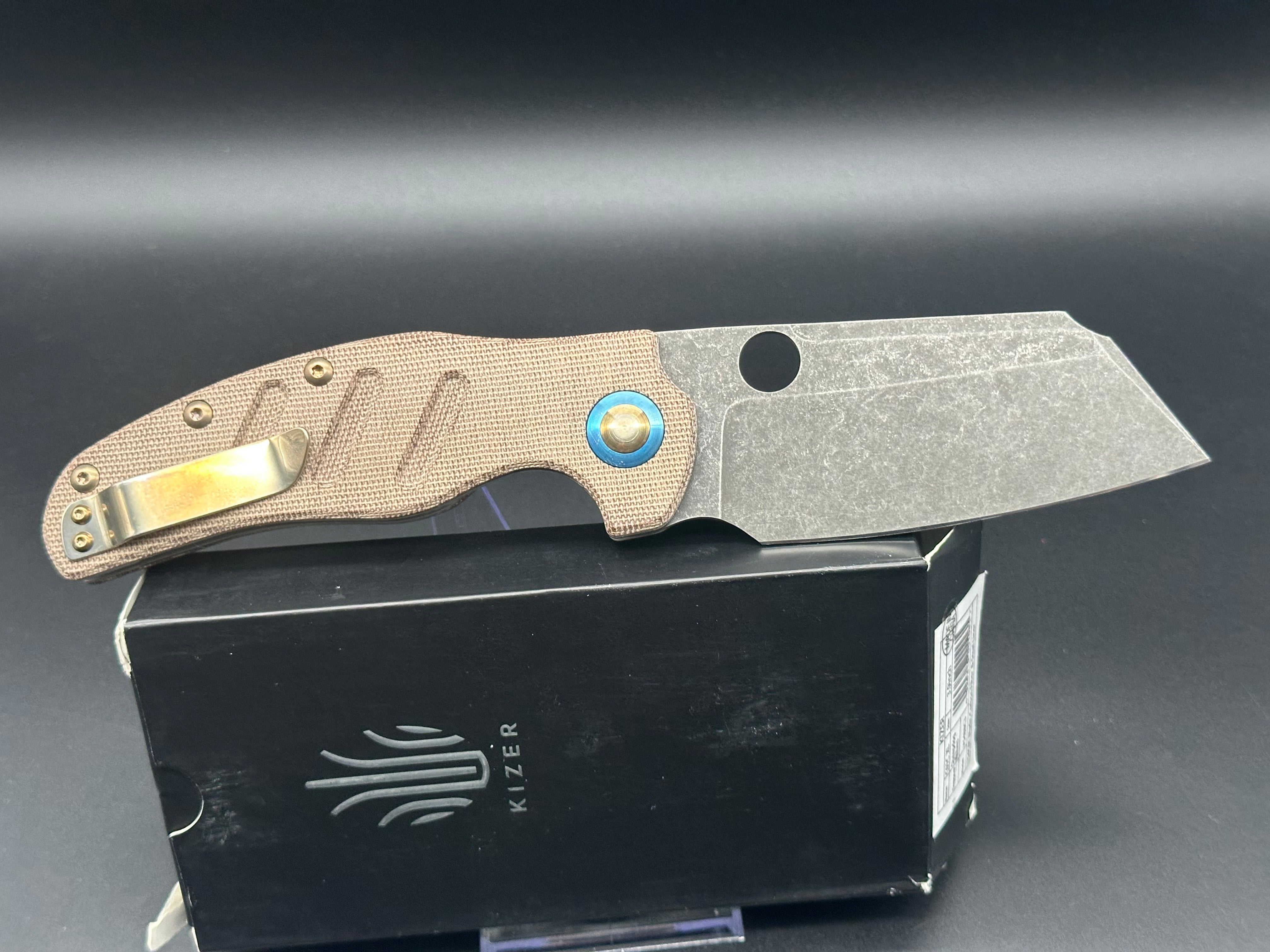 KIZER C01C Sheepdog XL Folding Knife - Brown Micarta Handle, 154CM Steel Blade - Heavy Modified for Outdoor, Camping & EDC Use