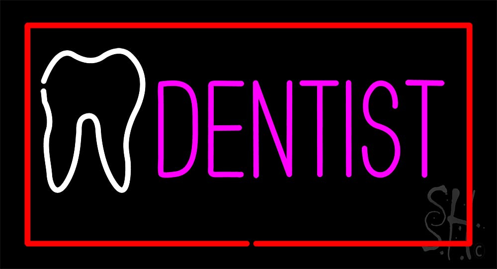 Pink Dentist White Tooth Red Border Animated LED Neon Sign 13x24 Inches - Black Square Cut Acrylic Backing with Dimmer - Bright Premium Indoor LED Neon Light for Dental Office, Clinic Decor & Home Bar