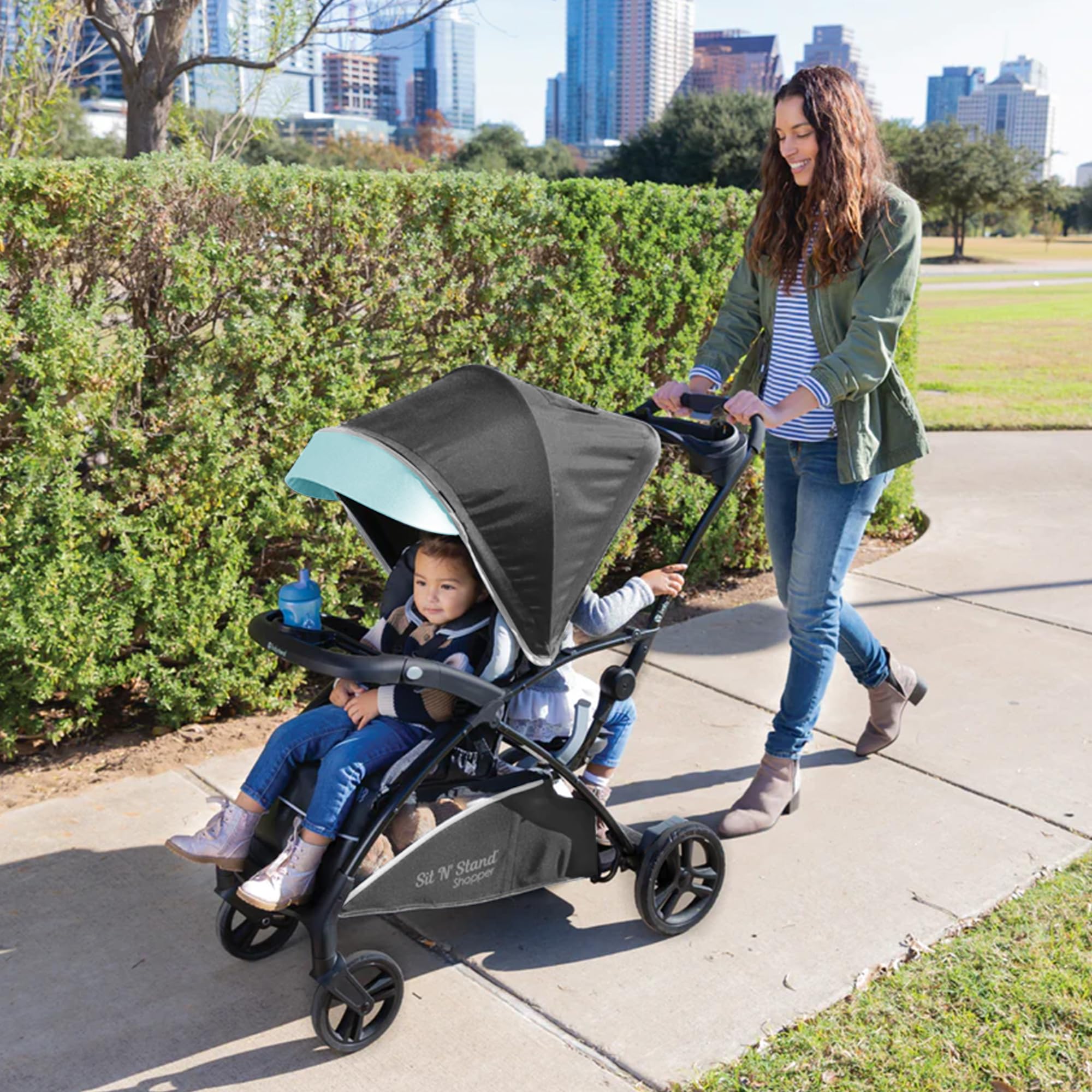 Baby Trend Sit N’ Stand® 5-in-1 Shopper Plus Stroller - Lightweight Convertible Double Stroller with Adjustable Seat & Canopy, Blue Mist | Perfect for Twins, Siblings & Shopping Trips