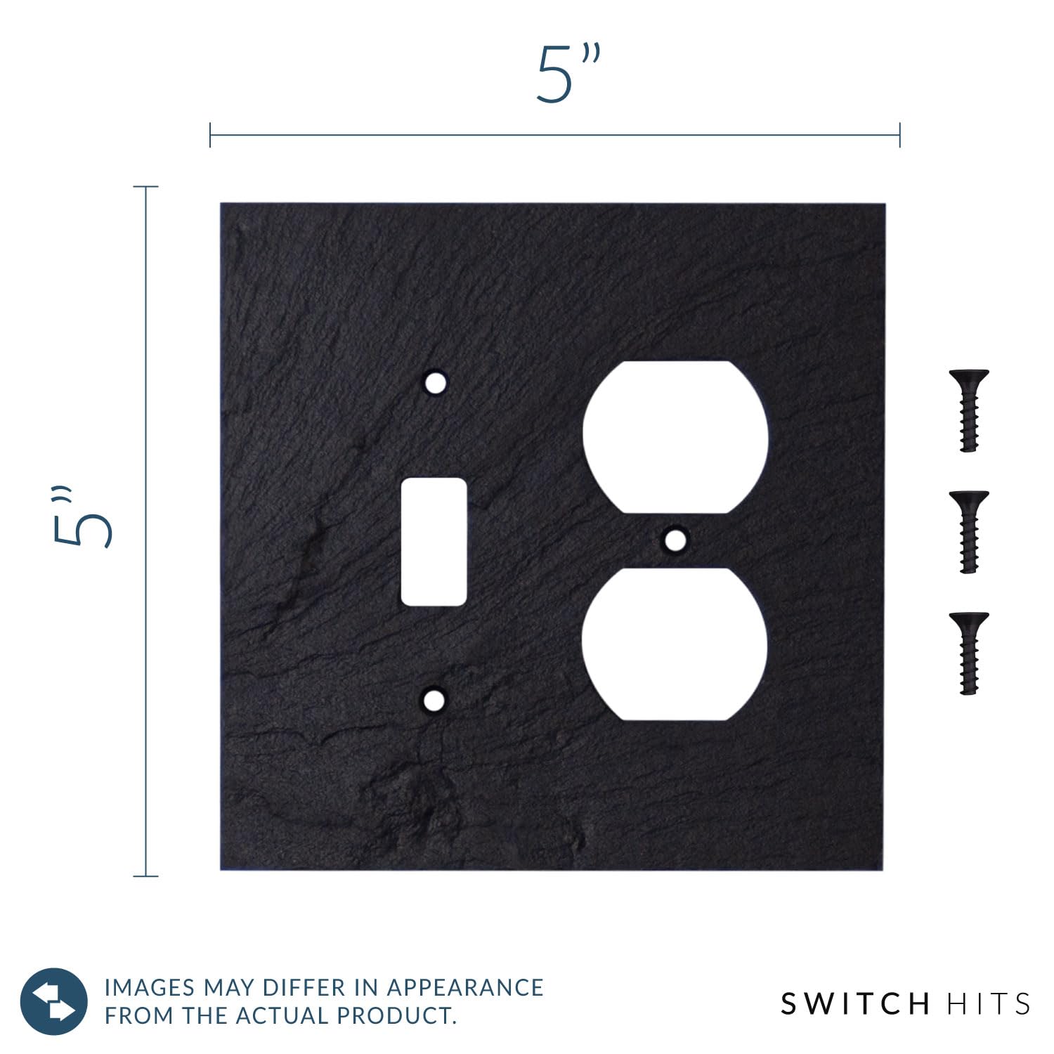 Decorative Vermont Slate Charcoal Electrical Switch Plate Cover - 2 Gang Outlet Wall Plate (5” W x 5” H) for Light Switch & Duplex Receptacle | Durable Faceplate for Home, Office & Commercial Use