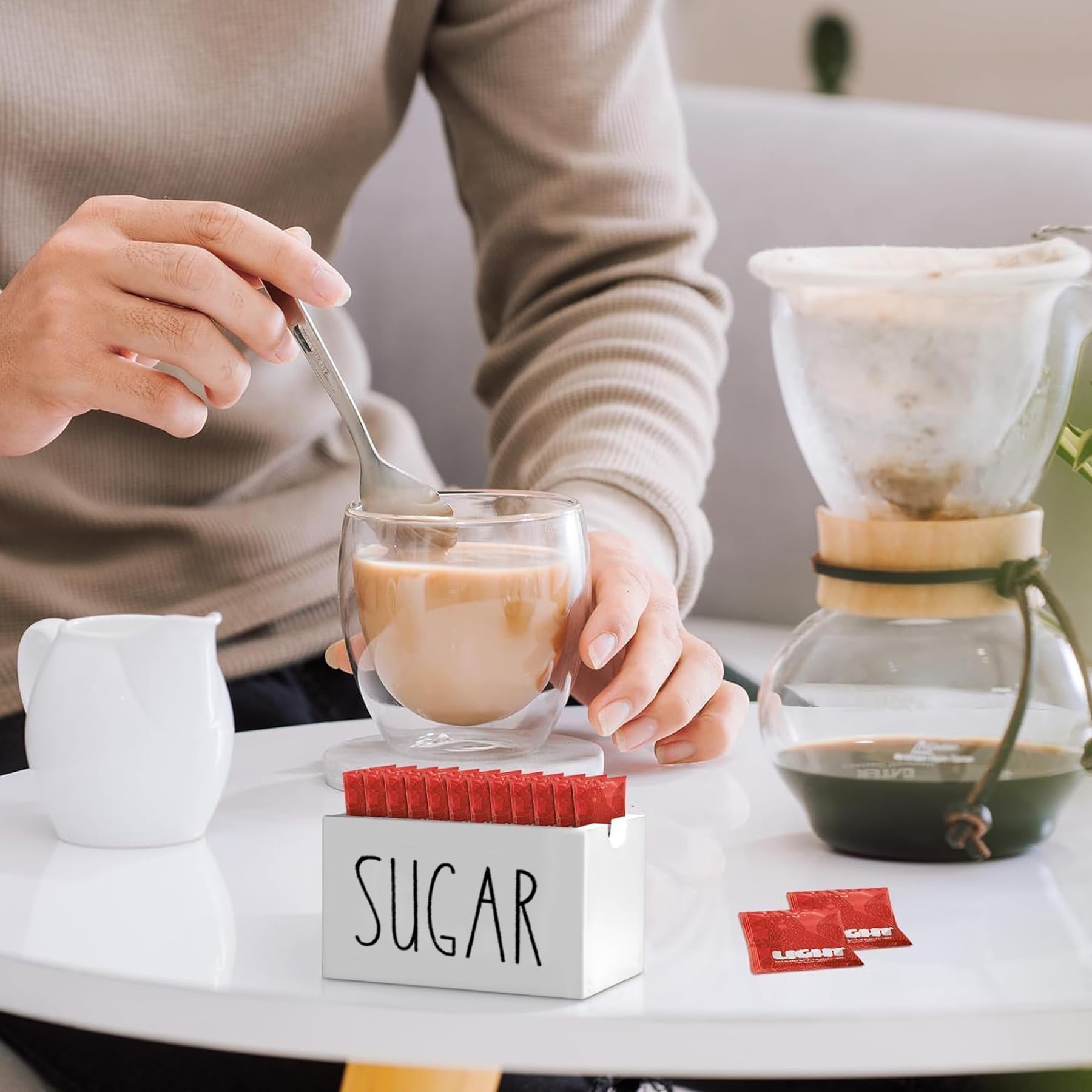 Wooden Sugar Packet Holder & Dispenser - Coffee Bar Sugar Packets Caddy for Table, Office, Hotel, Restaurant - White - Perfect for Coffee Stations, Breakfast Nooks, and Hospitality Settings