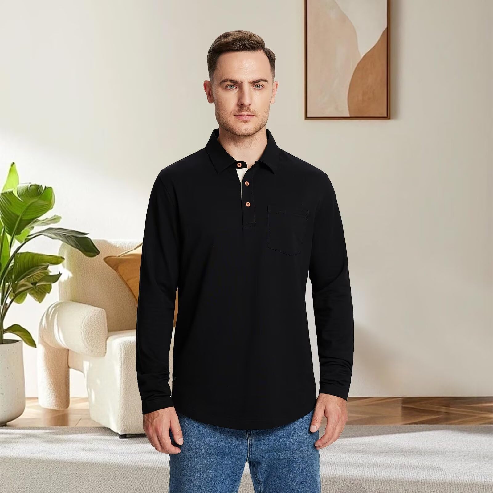 Men's Casual Cotton Blend Polo Shirts - Short & Long Sleeve with Pocket | Solid Color Drop Cut Collar Shirts for Work, Golf & Everyday Wear