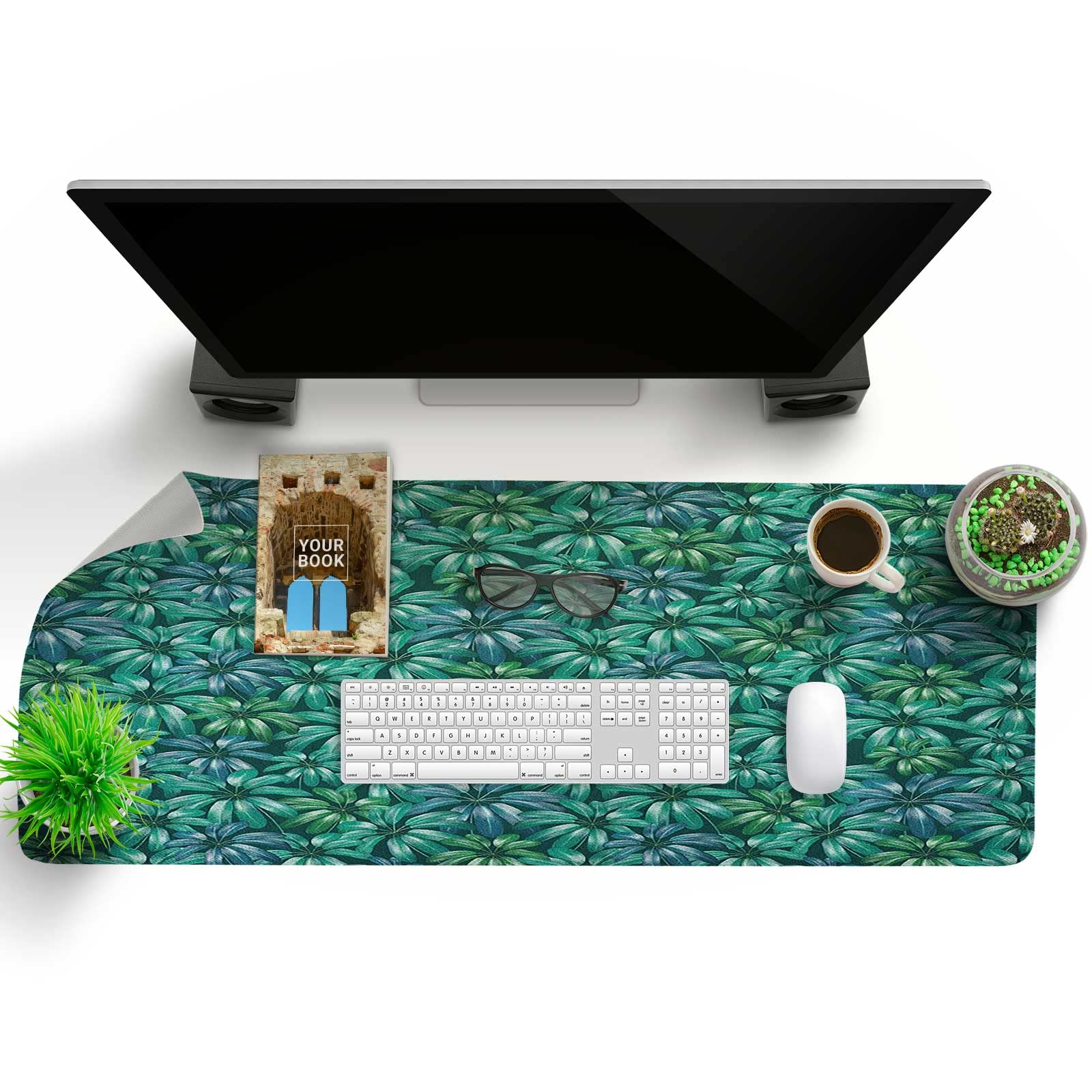 Floral Leather Desk Blotter - Jade Green & Petrol Blue Full-Size Mouse Pad for Laptop, Writing, Drawing & Craft | Office & Home Workspace Accessory