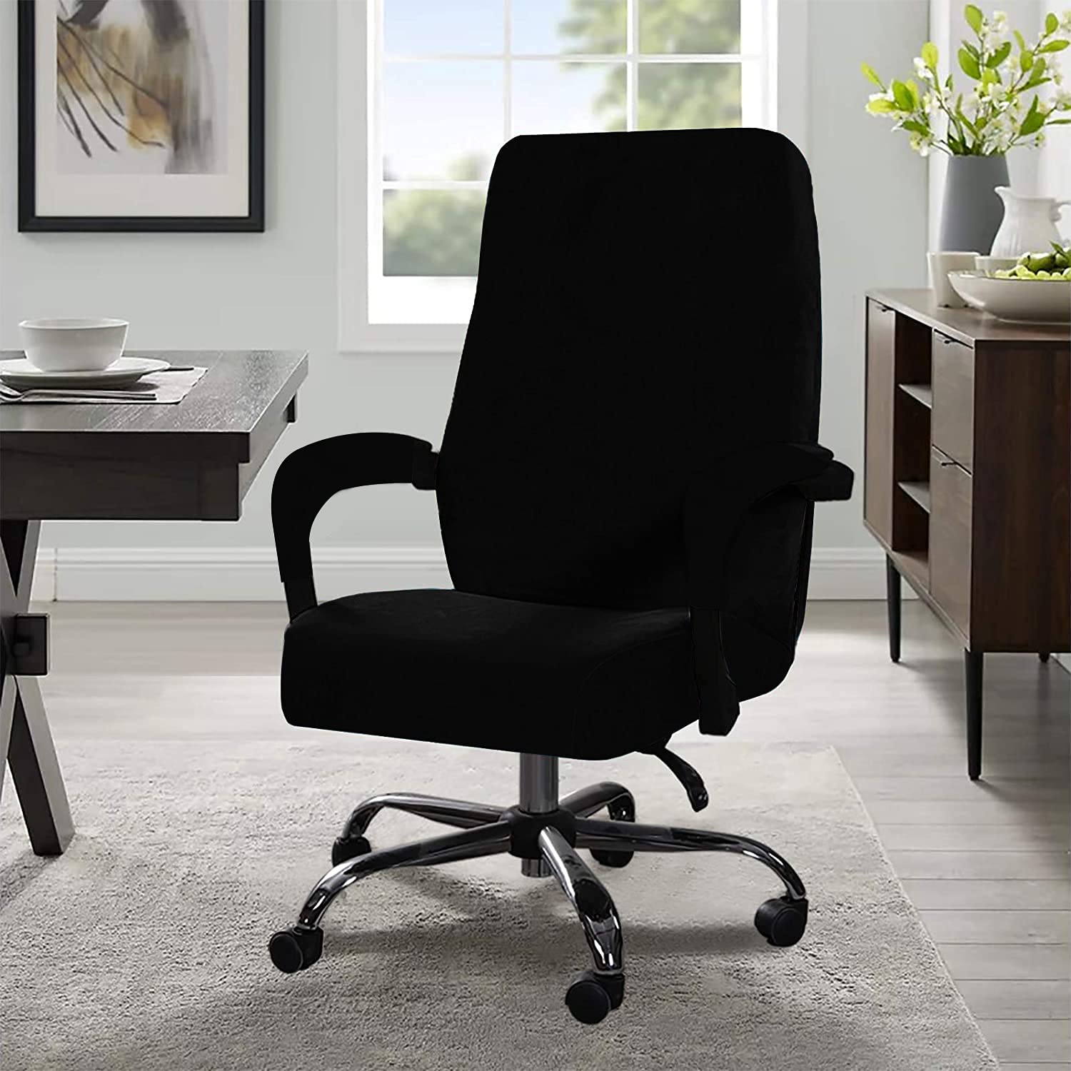 Stretchable Velvet Office Chair Cover - Removable & Washable Universal Elastic Slipcover for Computer, High Back & Rotating Chairs - Modern Minimalist Style (Black, Small) - Perfect for Home Office, Gaming & Workspace Decor