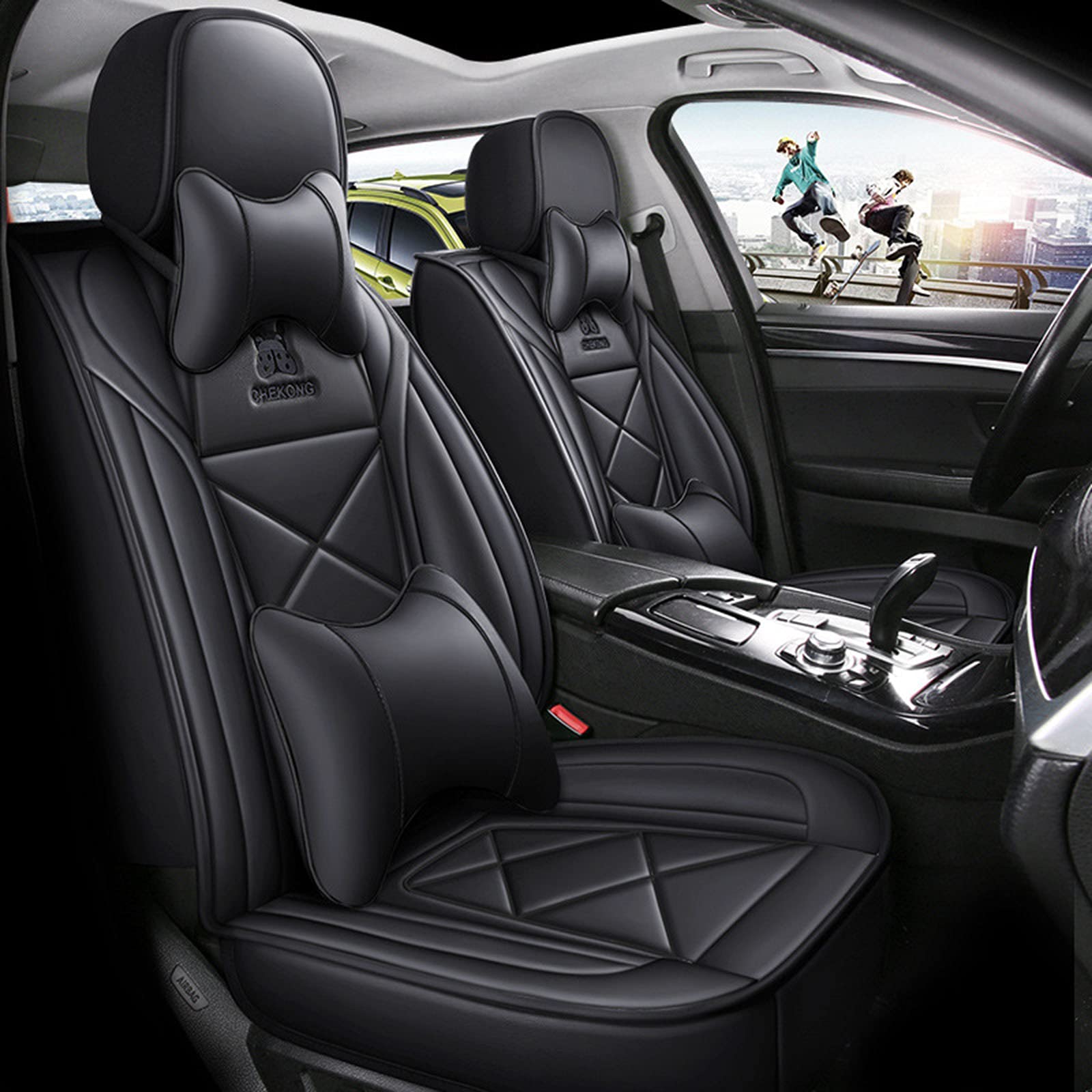 Premium Leather Non-Slip Universal Car Seat Covers - Full Set for Cars, SUVs & Pickup Trucks | Auto Interior Accessories for Comfort & Protection | Perfect for Daily Commute, Road Trips & Family Travel