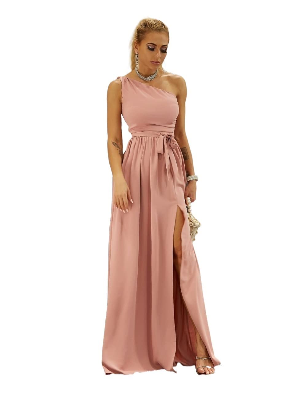 **IFAJOR Women's Summer Dress - Twist Shoulder Belted Thigh Split Casual Dress for Women | Pink X-Large | Perfect for Beach, Vacation & Summer Outings**