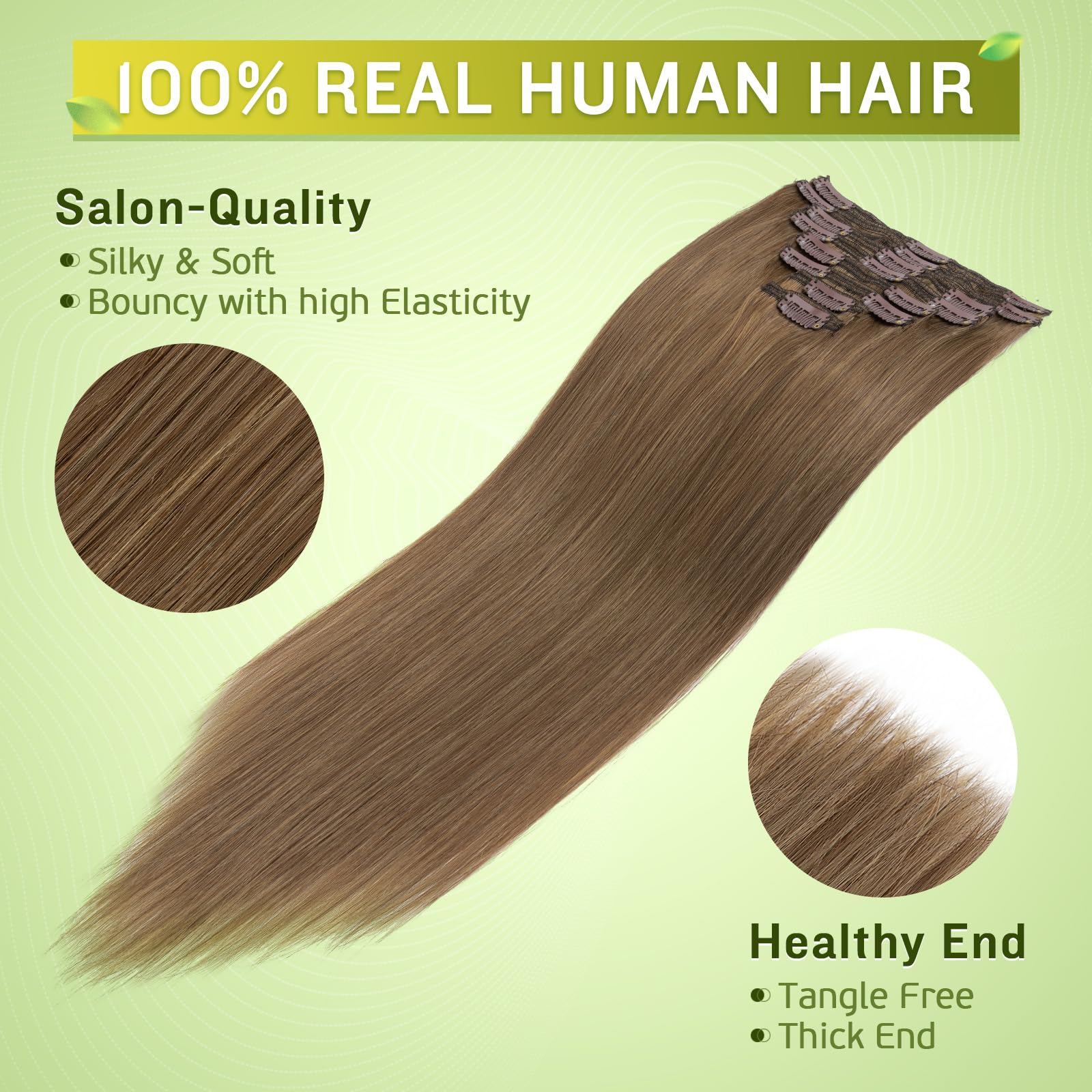 MY-LADY Clip in Hair Extensions 24Inch 170g 8Pcs - 100% Real Human Hair, Seamless Long Straight Light Brown Hair Extensions for Women - Perfect for Parties, Weddings & Daily Styling