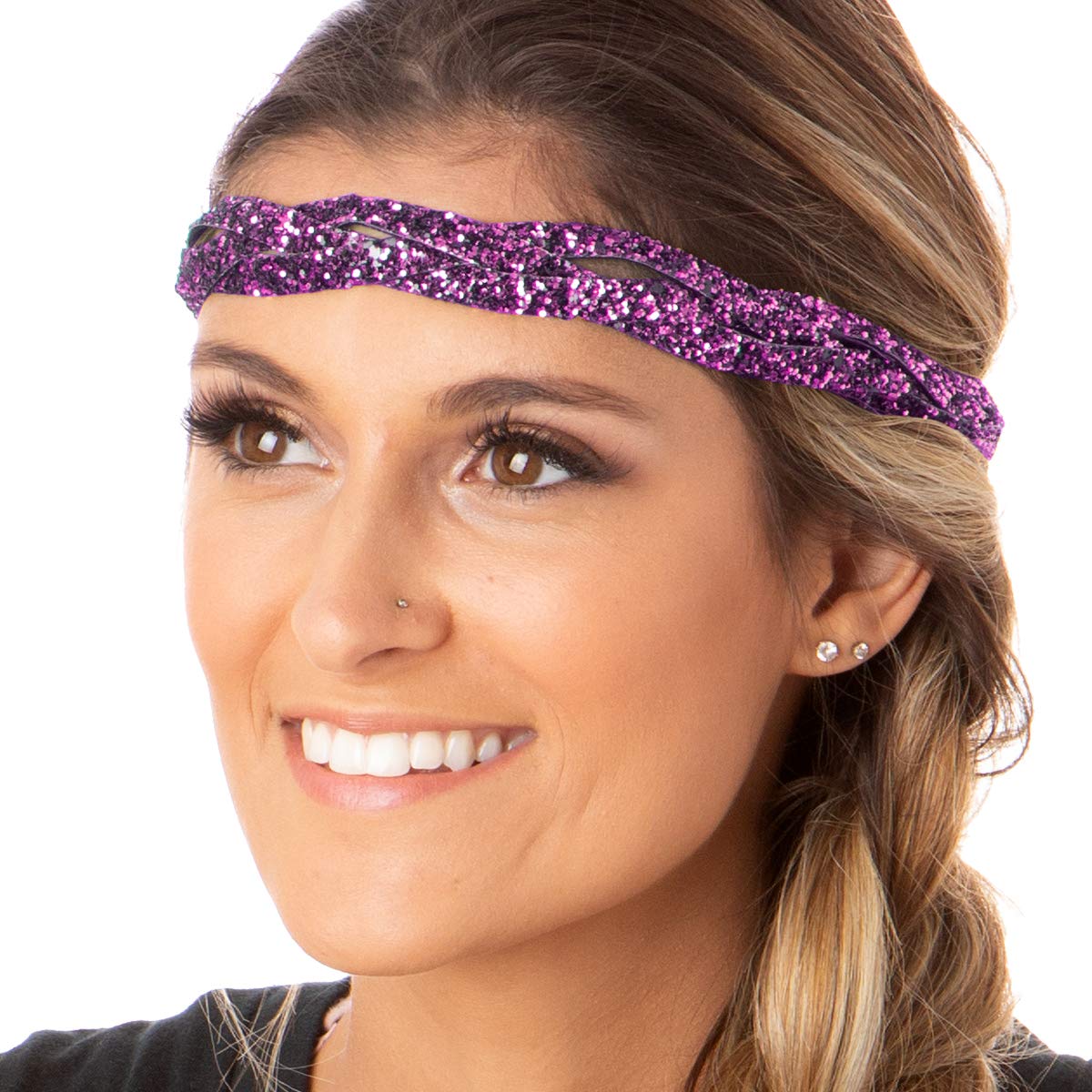 PETITE Size Adjustable No Slip Sparkly Bling Mixed 4pk Headbands for Women, Girls & Teens - Bling Glitter Fuchsia - Perfect for School, Sports, Workouts & Fashion Accessories