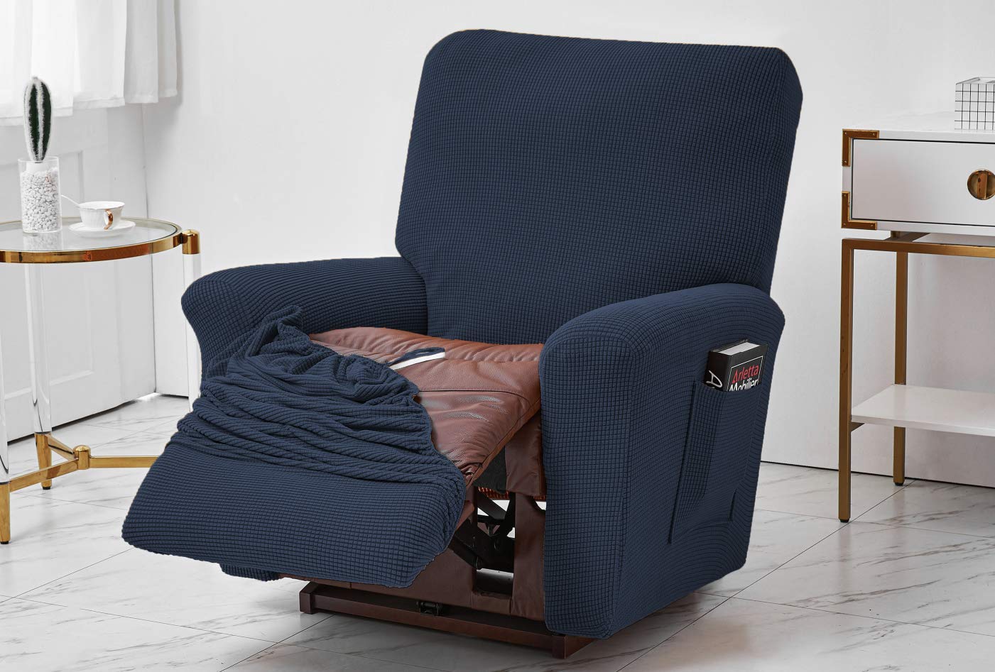 Stretch Recliner Slipcover Sofa Cover with Pockets - Spandex Jacquard Non-Slip Couch Protector - Navy Blue - Perfect for Living Room, Home Theater & Family Room Furniture Protection