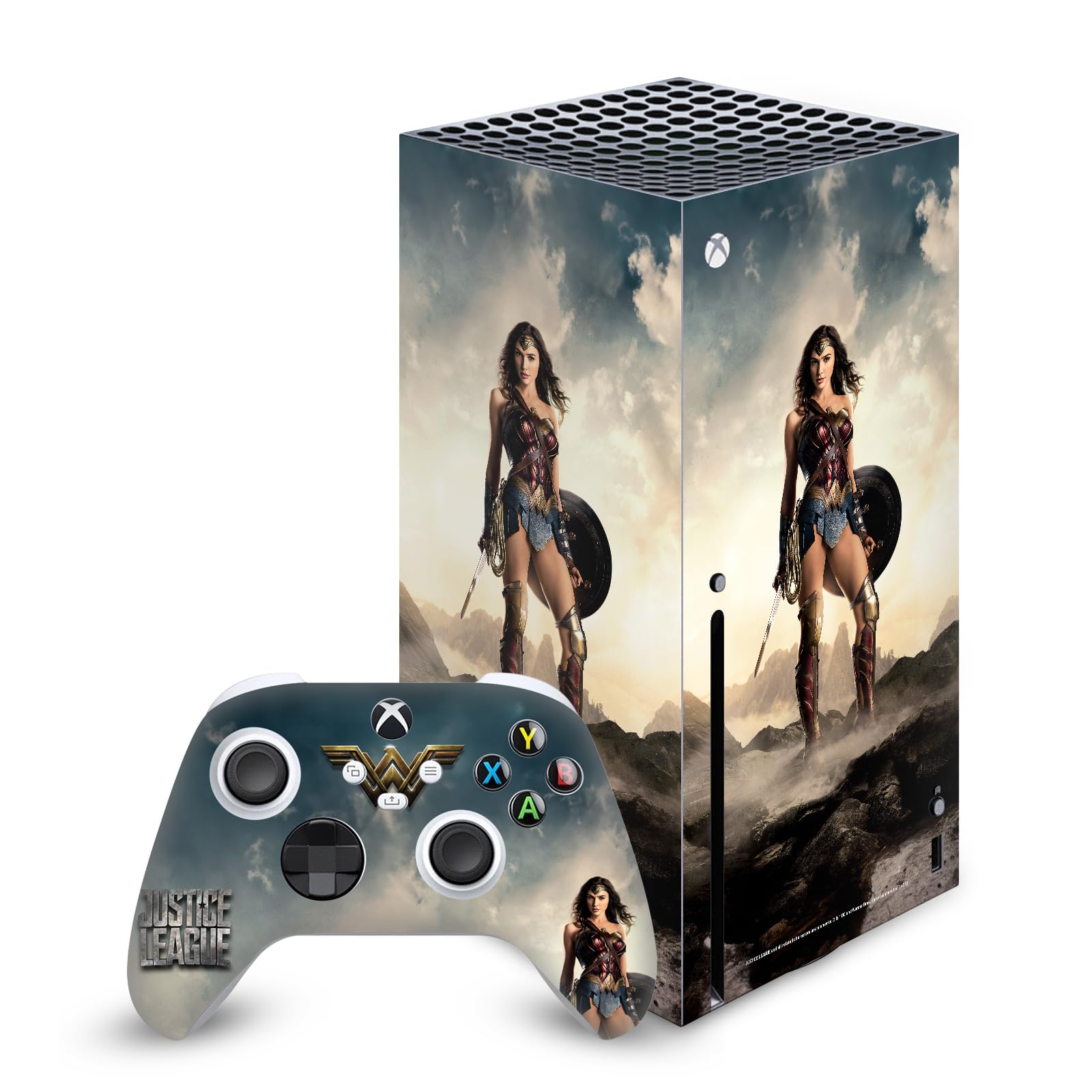 Official Justice League Movie Wonder Woman Poster Logo & Character Art Vinyl Skin Gaming Sticker Decal - Compatible with Xbox Series X Console and Controller Bundle - Perfect for Customizing Gaming Setup and Protecting Devices