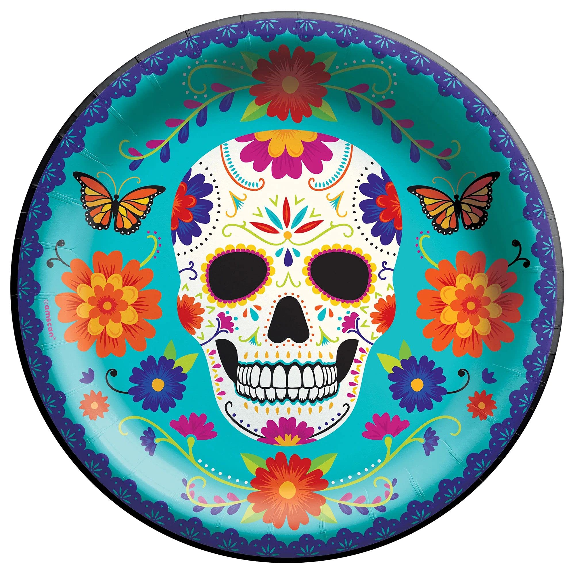 Colorful Dia De Los Muertos 10 Inch Round Paper Plates - Day of The Dead Party Supplies for Halloween, Mexican Fiesta & Cultural Celebrations