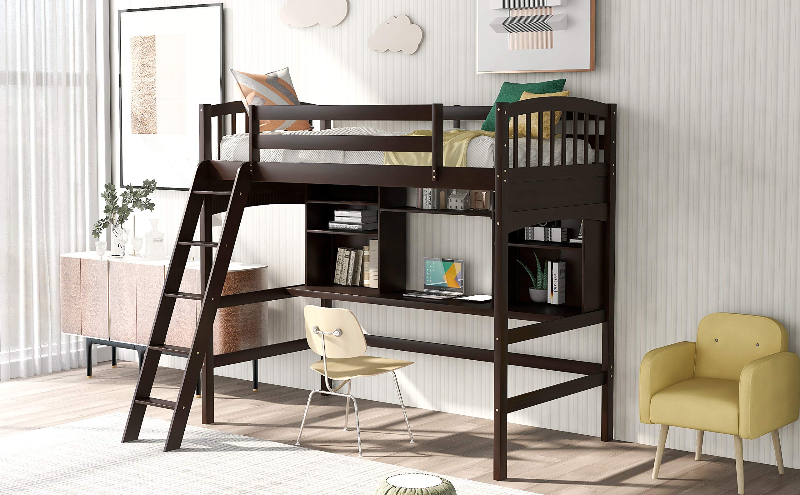**Twin Size Solid Wood Loft Bed with Angled Ladder, Desk, Storage Shelves & Bookcase - Sturdy Safety Guard Rail, No Box Spring Needed - Perfect for Kids, Teens & Small Spaces**
