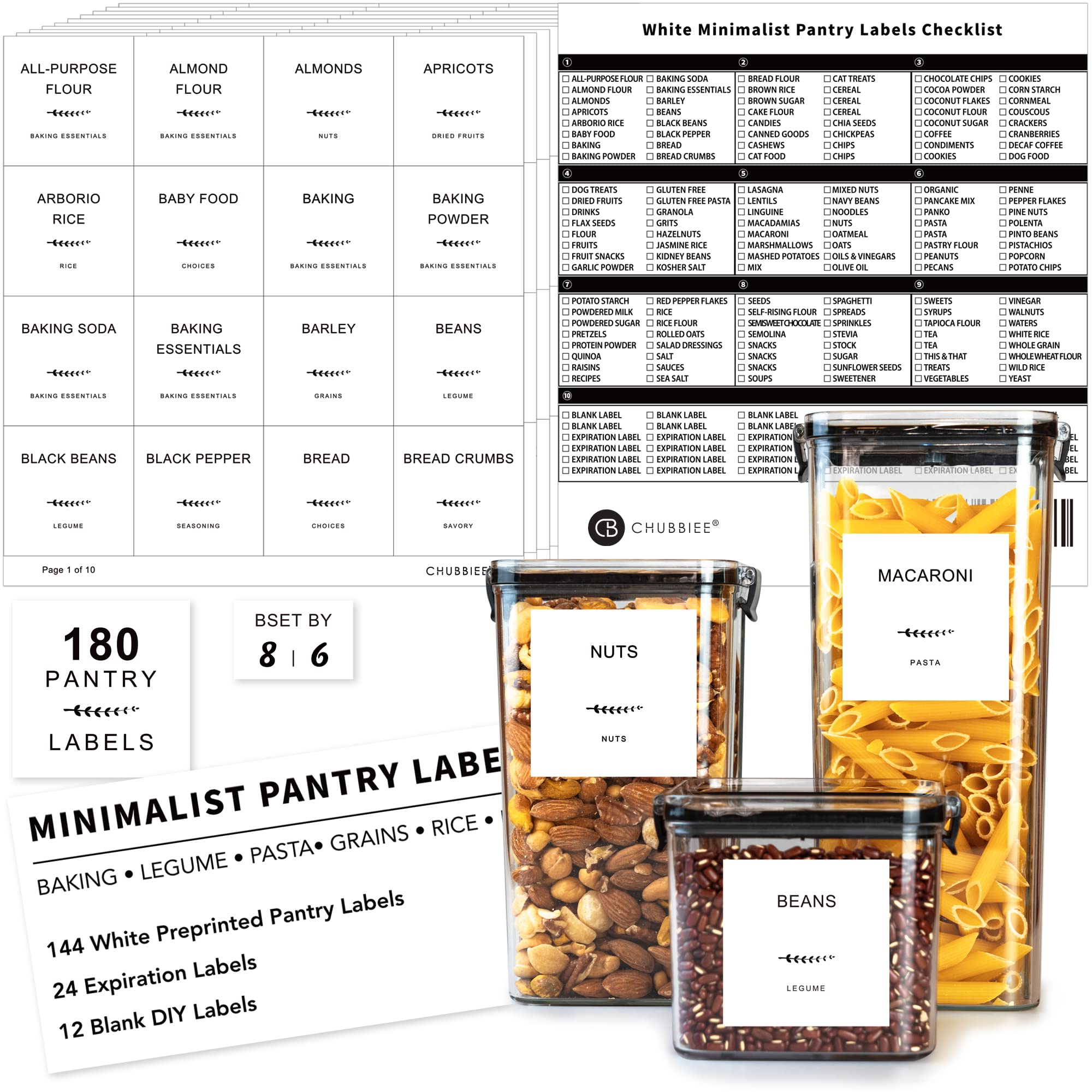 180 Preprinted Minimalist Pantry Labels for Food Storage Containers & Jars - Waterproof Black Script Label Stickers for Kitchen Organization | Perfect for Spice Jars, Meal Prep Containers & Pantry Storage