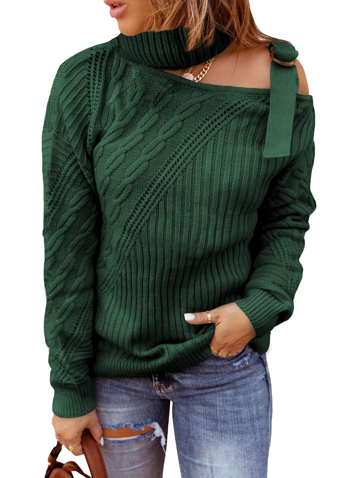 ASVIVID Women's Long Sleeve Cold Shoulder Turtleneck Sweater - Soft Knit Pullover Top, Loose Casual Jumper for Fall & Winter | Perfect for Office, Date Night & Weekend Outfits
