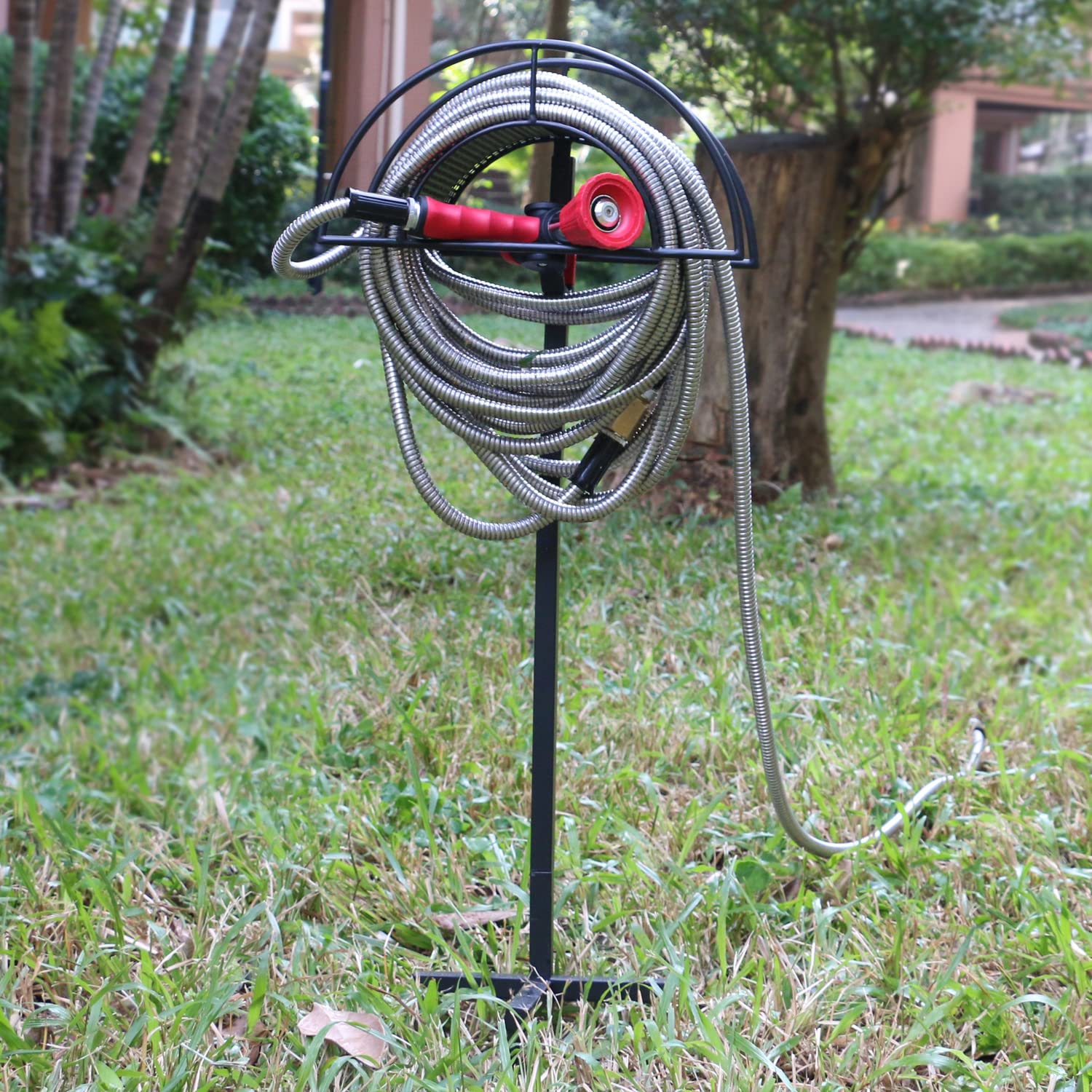 Heavy Duty Metal Freestanding Garden Hose Holder - Detachable Outdoor Hose Storage Stand Rack for Lawn & Yard - Holds Up to 125-FT Hose (Black) - Perfect for Organizing Garden, Backyard & Garage Water Hoses