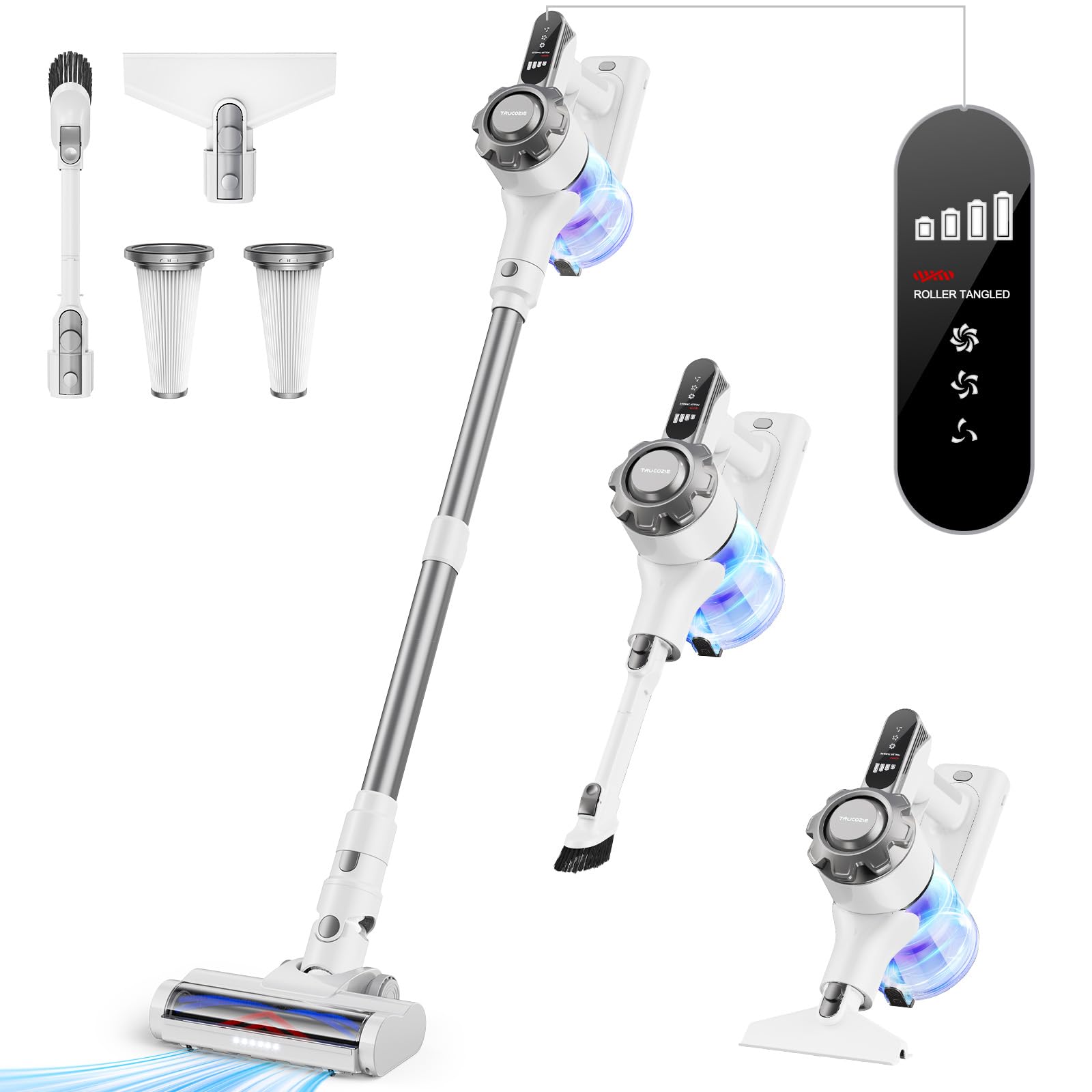 8-in-1 Cordless Vacuum Cleaner with 45min Runtime | Powerful Suction Rechargeable Stick Vacuum for Carpet, Tile & Hardwood Floors | Lightweight Pet Hair Vacuum for Home, Office & Car Cleaning (White)