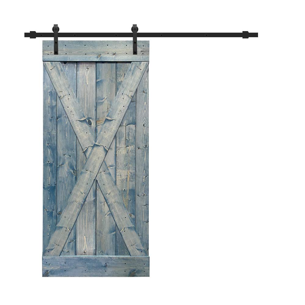 TMS X Series Solid Knotty Pine Wood Sliding Barn Door with Hardware Kit - Denim Blue | Rustic Interior Door for Bedroom, Closet & Farmhouse Style Homes