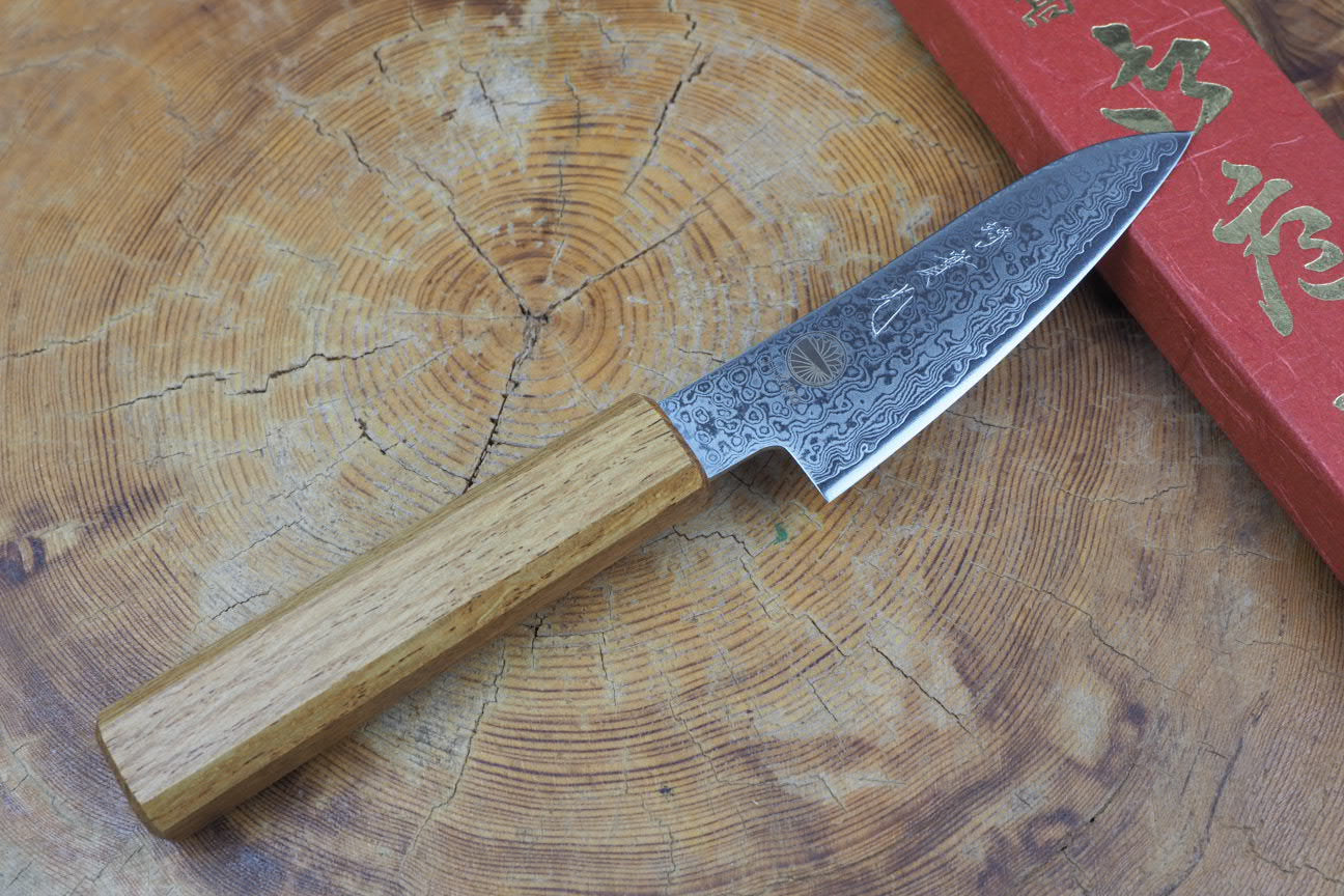 Premium Sakai Jikko Loco Damascus VG10 Paring Knife - 9cm Mirror Polished Nickel Damascus Blade with Japanese Oak Handle - Perfect for Fruit Peeling, Vegetable Slicing & Precision Kitchen Tasks
