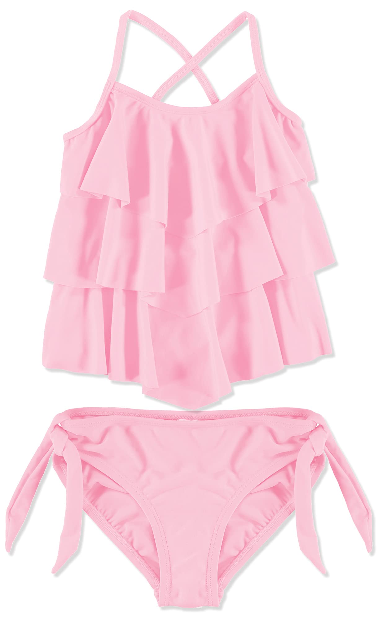 Girls 2-Piece Solid Color Tiered Tankini Swimsuit Set - Sizes 6-12 - Perfect for Pool Parties, Beach Vacations & Summer Swim Lessons