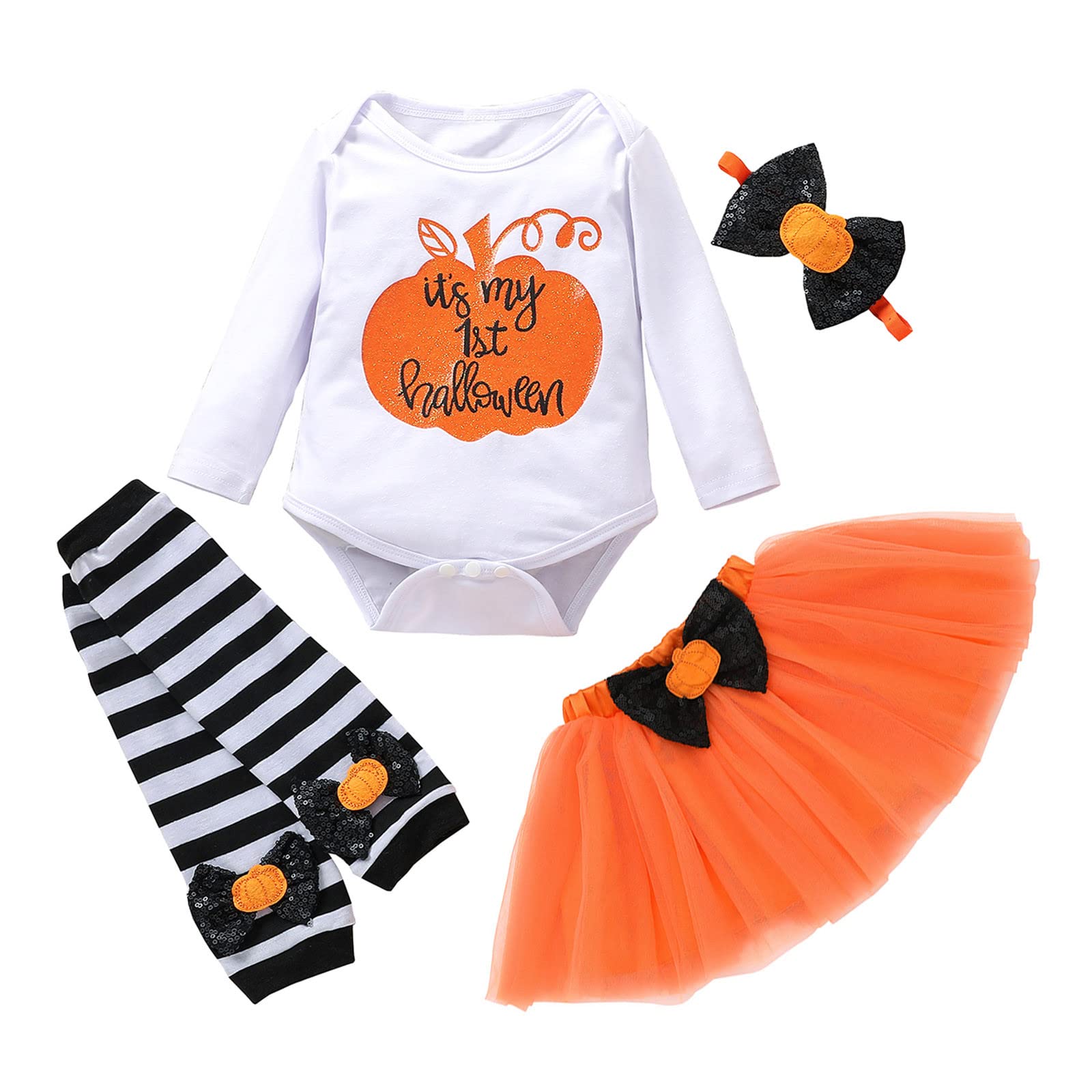 Baby Girl Halloween Outfit - Long Sleeve Letter Printed Romper with Tulle Skirt & Headband | Infant Costume for Halloween Party, Photo Shoot & Dress Up