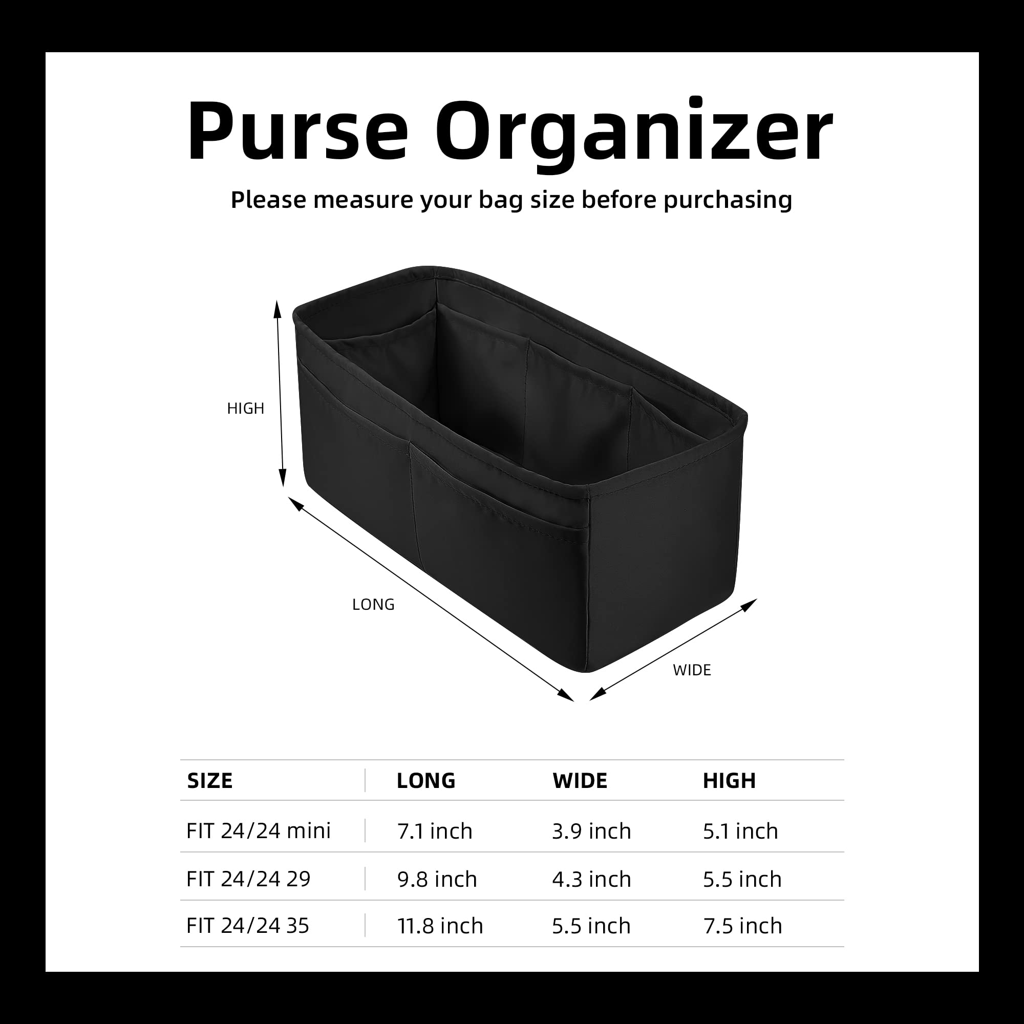 Luxury Silky Purse Organizer Insert for Handbags & Totes - Fits Hermes 24/24-35 Bags (Black, 35) - Perfect for Travel, Work & Everyday Bag Organization