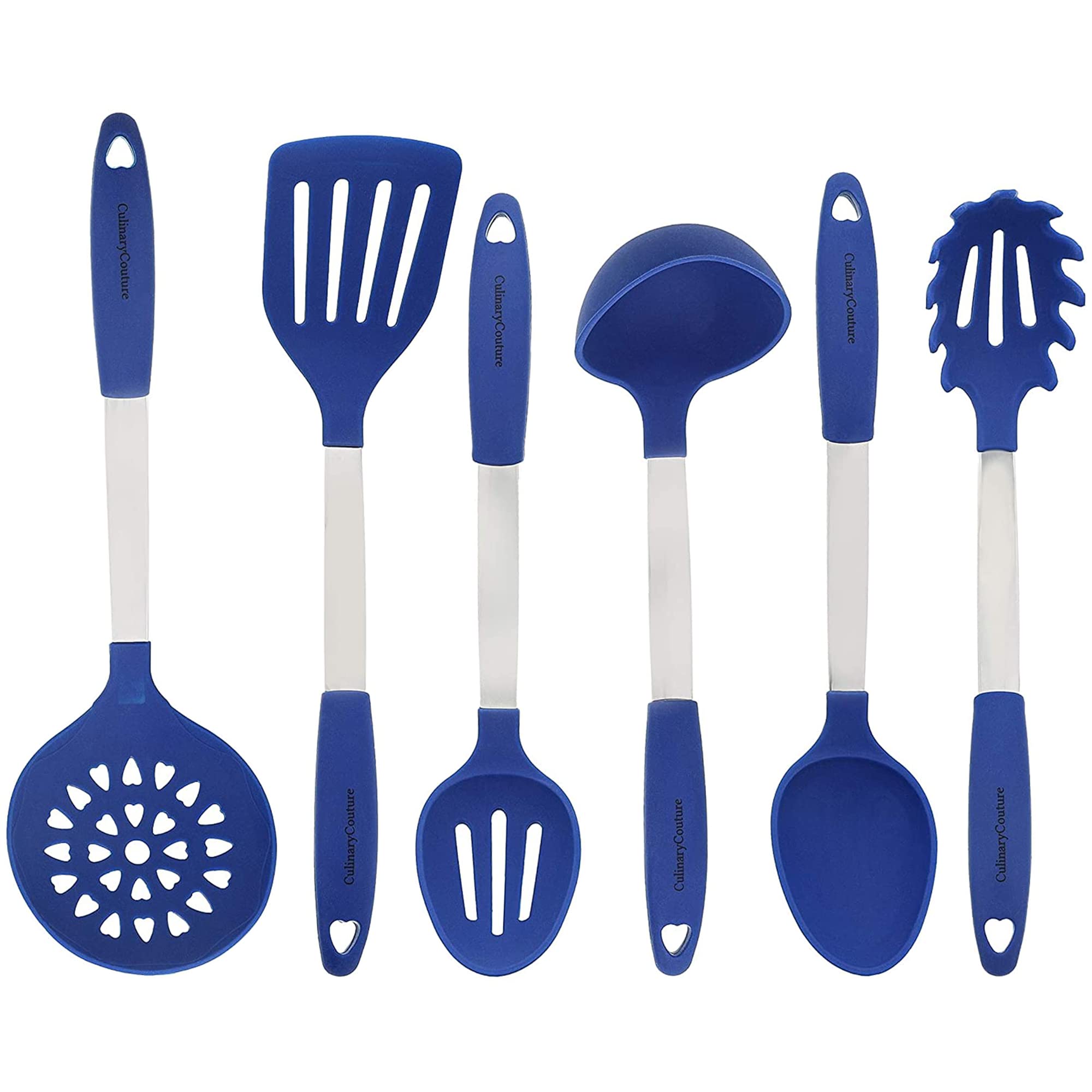 Premium 6-Piece Stainless Steel & Silicone Kitchen Utensils Set - Heat Resistant Cooking Tools with Non-Slip Handles (Includes Free Recipe E-Book) - Perfect for Baking, Frying, Sauteing & Everyday Cooking - Blue