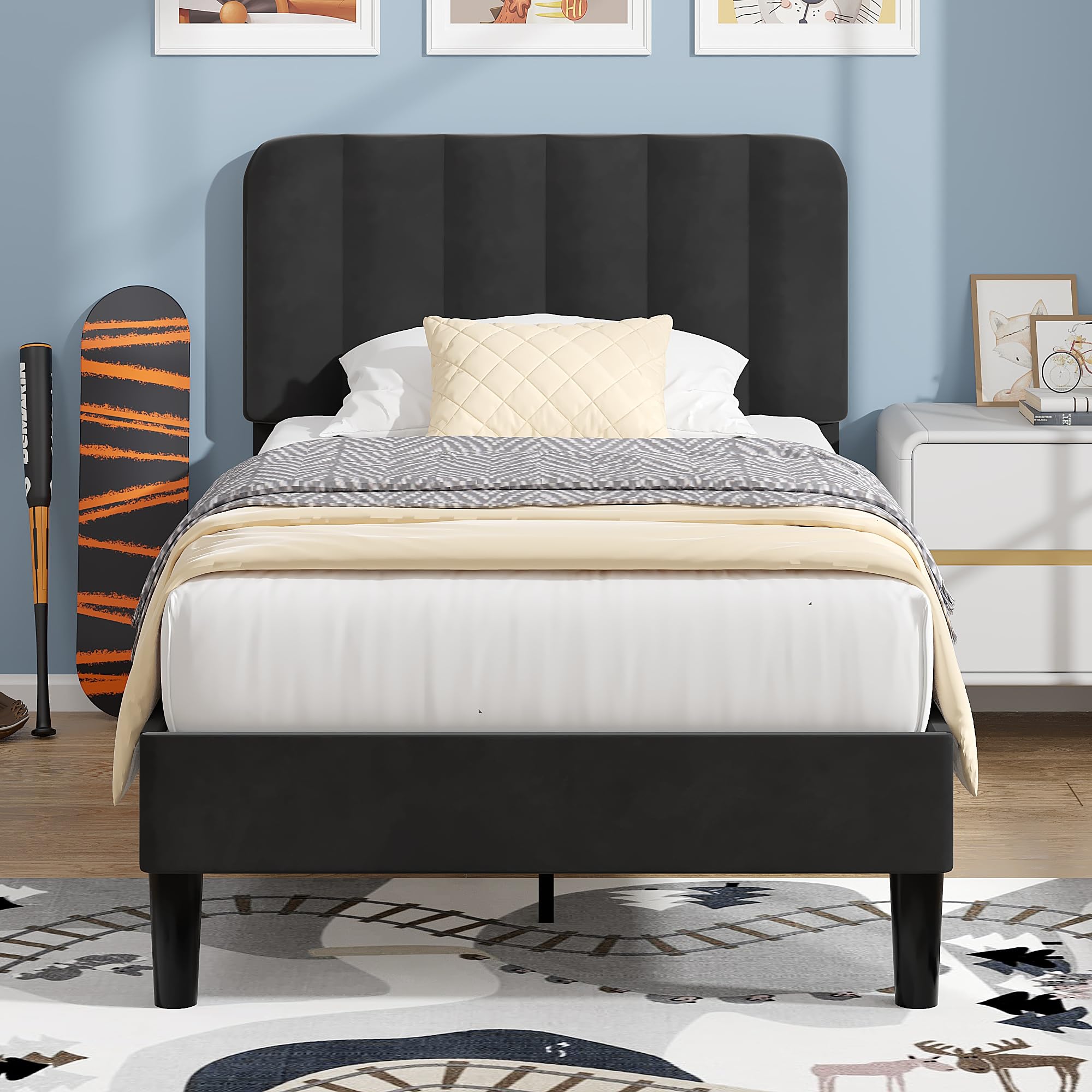 VECELO Twin Size Bed Frame with Upholstered Headboard - Velvet Platform Bed Frame with Wood Slat Support, No Box Spring Needed - Modern Bedroom Furniture for Small Spaces (Black) | Perfect for Guest Rooms, Dorms, and Apartments