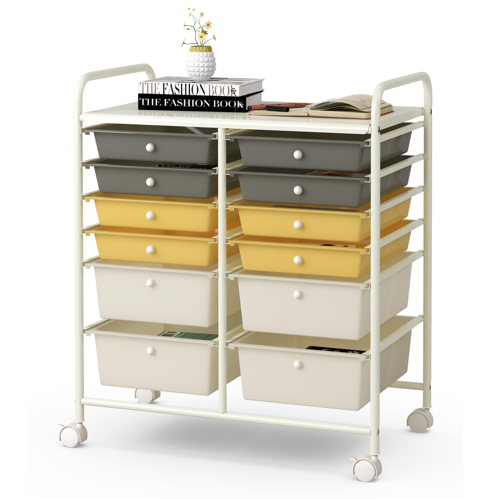 Giantex 12-Drawer Rolling Storage Cart with Wheels - Multipurpose Mobile Organizer for Home Office School - Yellow Utility Cart for Bedroom, Kitchen, Classroom & Dorm Organization