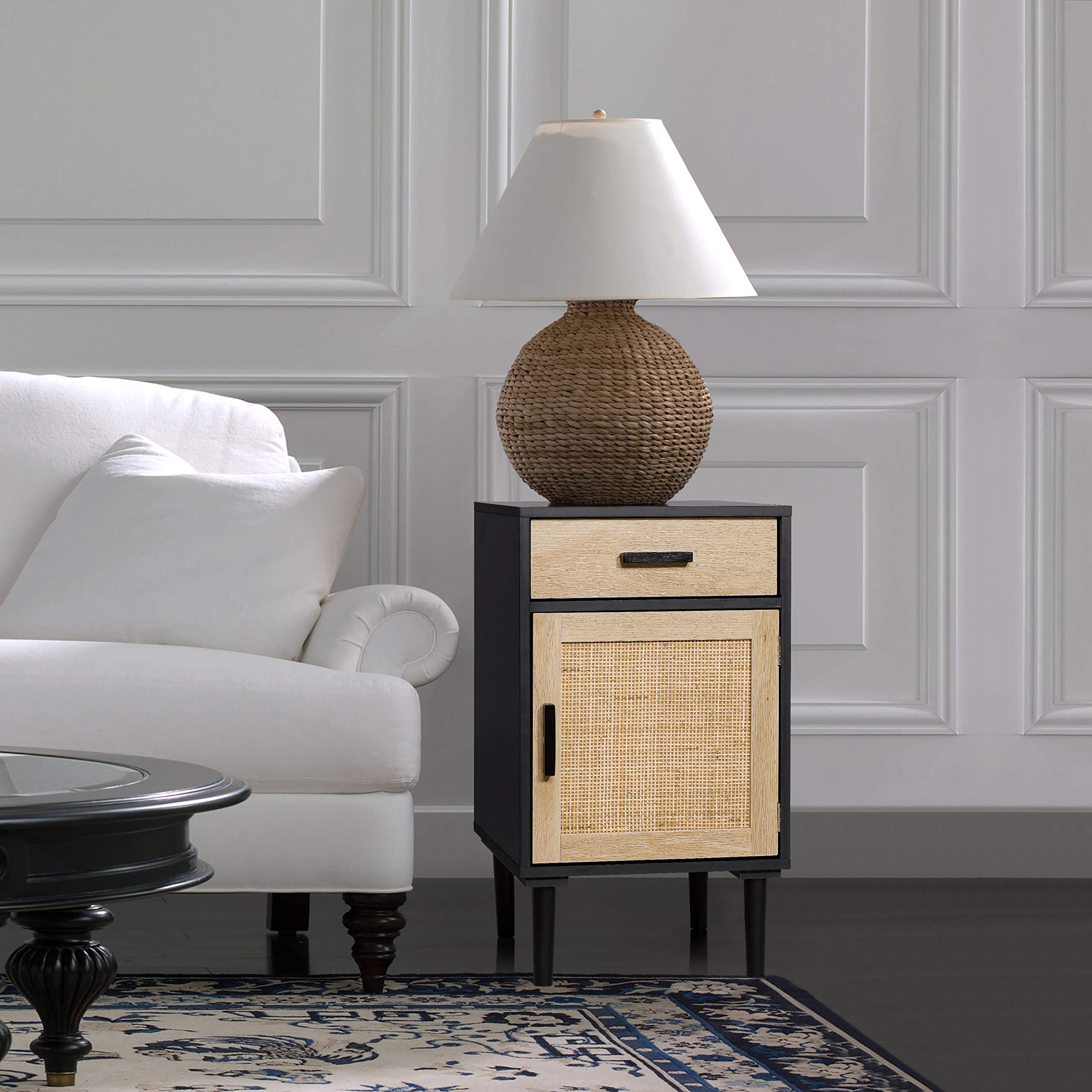 Finnhomy 2-Pack Tall Nightstands with Drawer & Shelf - Handmade Rattan Decorated Doors, Bedside Storage Tables for Bedroom - Black - Perfect for Small Spaces, Guest Rooms & Apartment Living