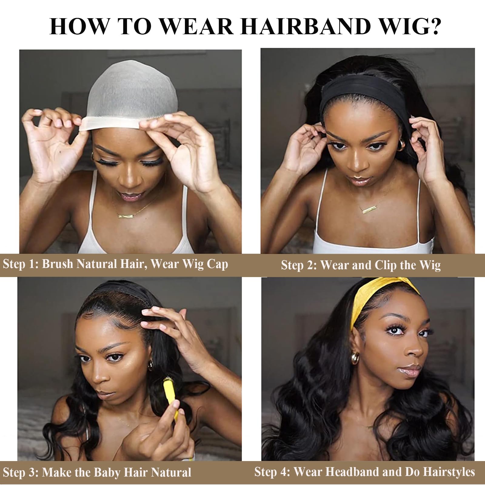 Natural Looking Glueless Headband Wig for Black Women - 16inch Synthetic Long Black Body Wave Heat Resistant Wig (180% Density, 1B/H30#) | Perfect for Daily Wear, Cosplay & Protective Hairstyles