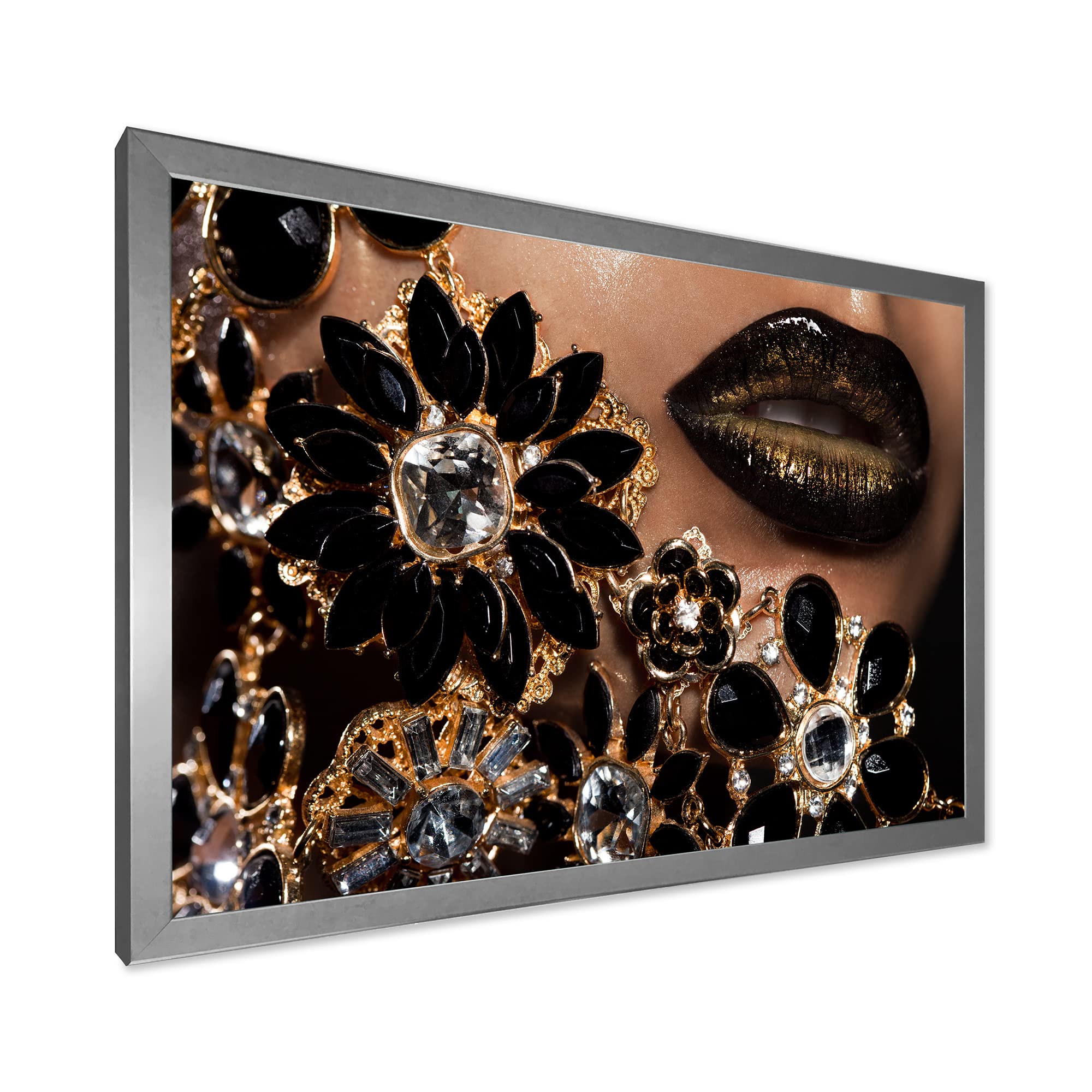 DesignQ Modern Framed Wall Art - Golden Jewelry Female Lips Painting for Living Room, Bedroom & Office Decor | Elegant Home Wall Decorations