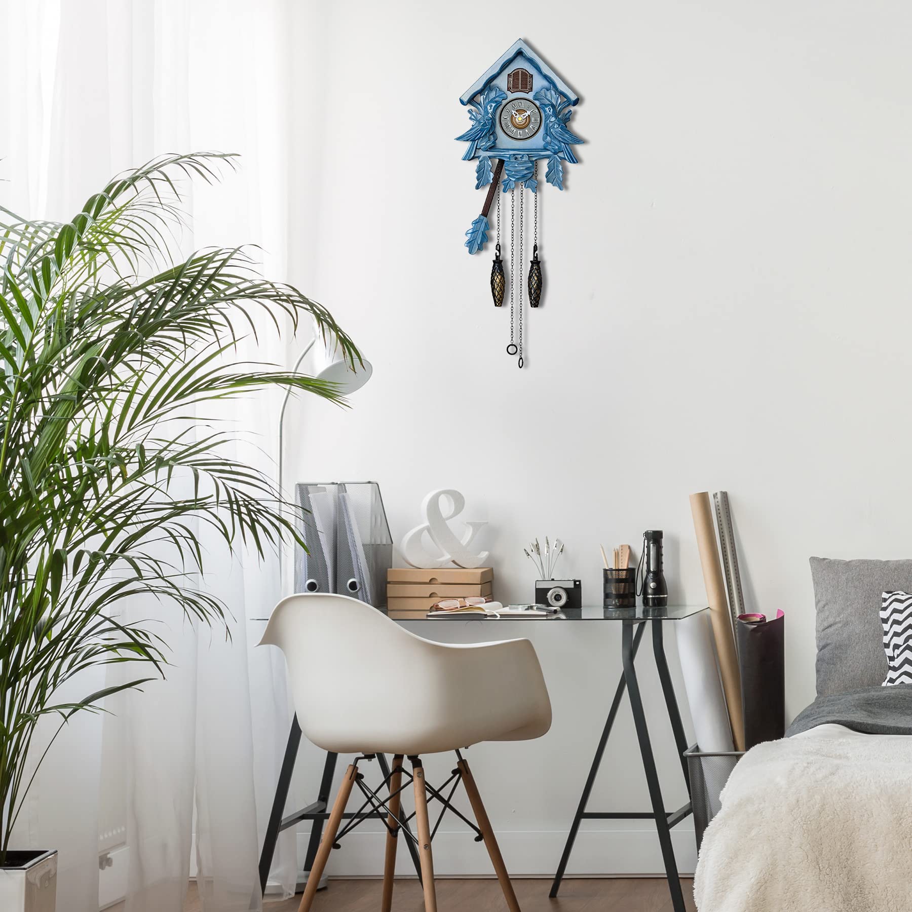 TIMEGEAR Blue Cuckoo Clock with Night Mode - Handcrafted Wooden Wall Clock with Singing Bird & Swinging Pendulum - Perfect for Home, Office & Cabin Decor