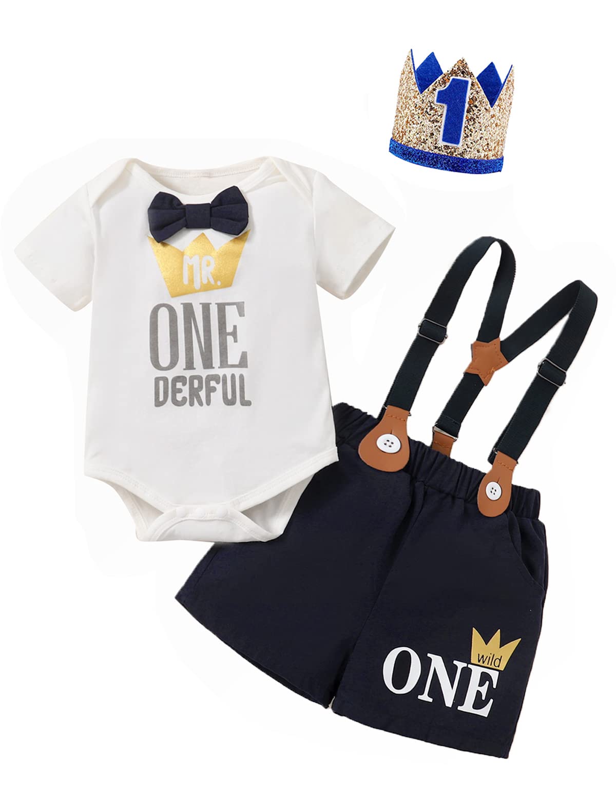 Mr. OneDerful Baby Boy First Birthday Outfit - Suspenders & Shorts Set for 1st Birthday Party, Photo Shoot & Special Occasions