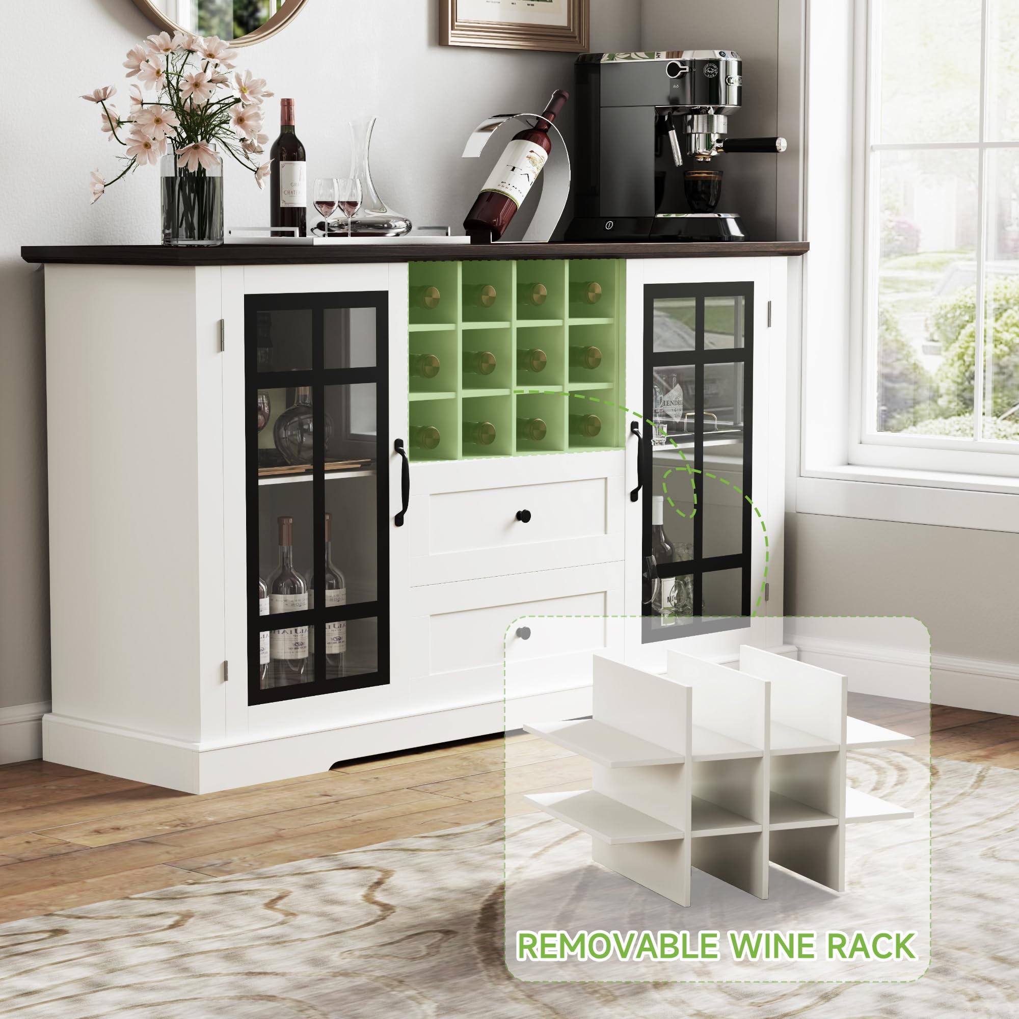 Real Relax Farmhouse Buffet Cabinet with Storage - 59'' Large Sideboard Wine & Coffee Bar Cabinet with 2 Glass Doors & Removable Wine Rack - Kitchen, Dining & Living Room Storage Furniture for Home Entertaining & Organization