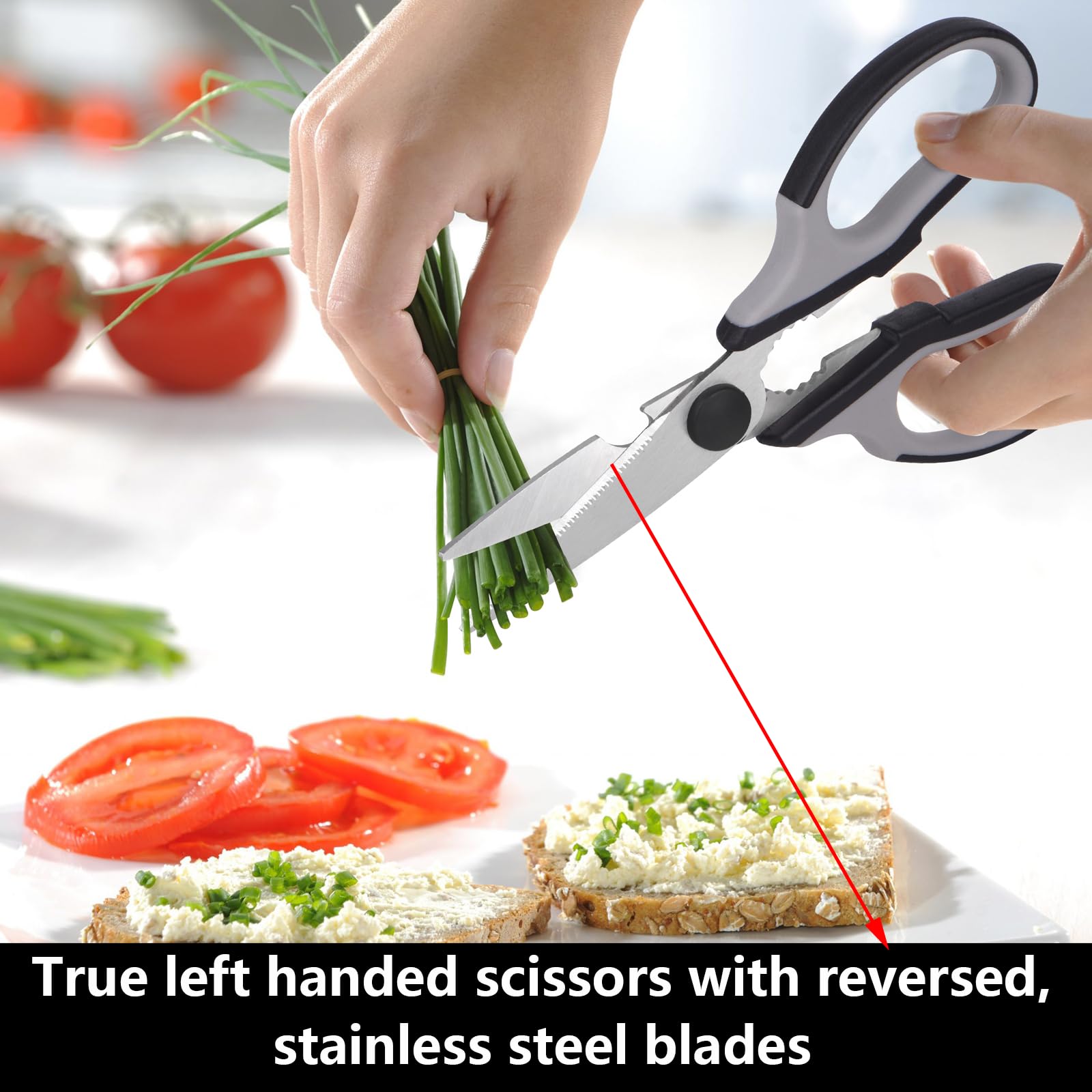 Premium Left-Handed Kitchen Shears - Heavy Duty Stainless Steel Meat & Poultry Scissors for Cooking, Food Prep & Crafting - 2-Pack (Black/Red & Black/Gray) - Perfect for Cutting Herbs, Trimming Fat, Opening Packages & DIY Projects