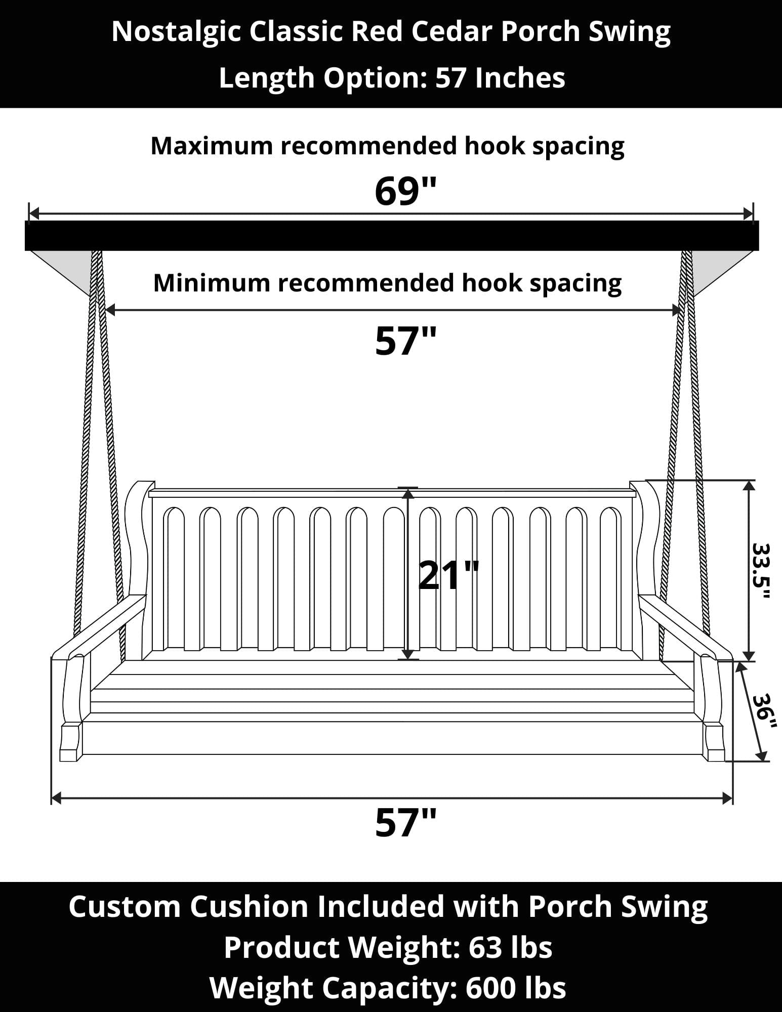 57 Inch Slate Grey Classic Red Cedar Porch Swing - Outdoor Patio Garden Hanging Bench for Relaxing & Backyard Decor