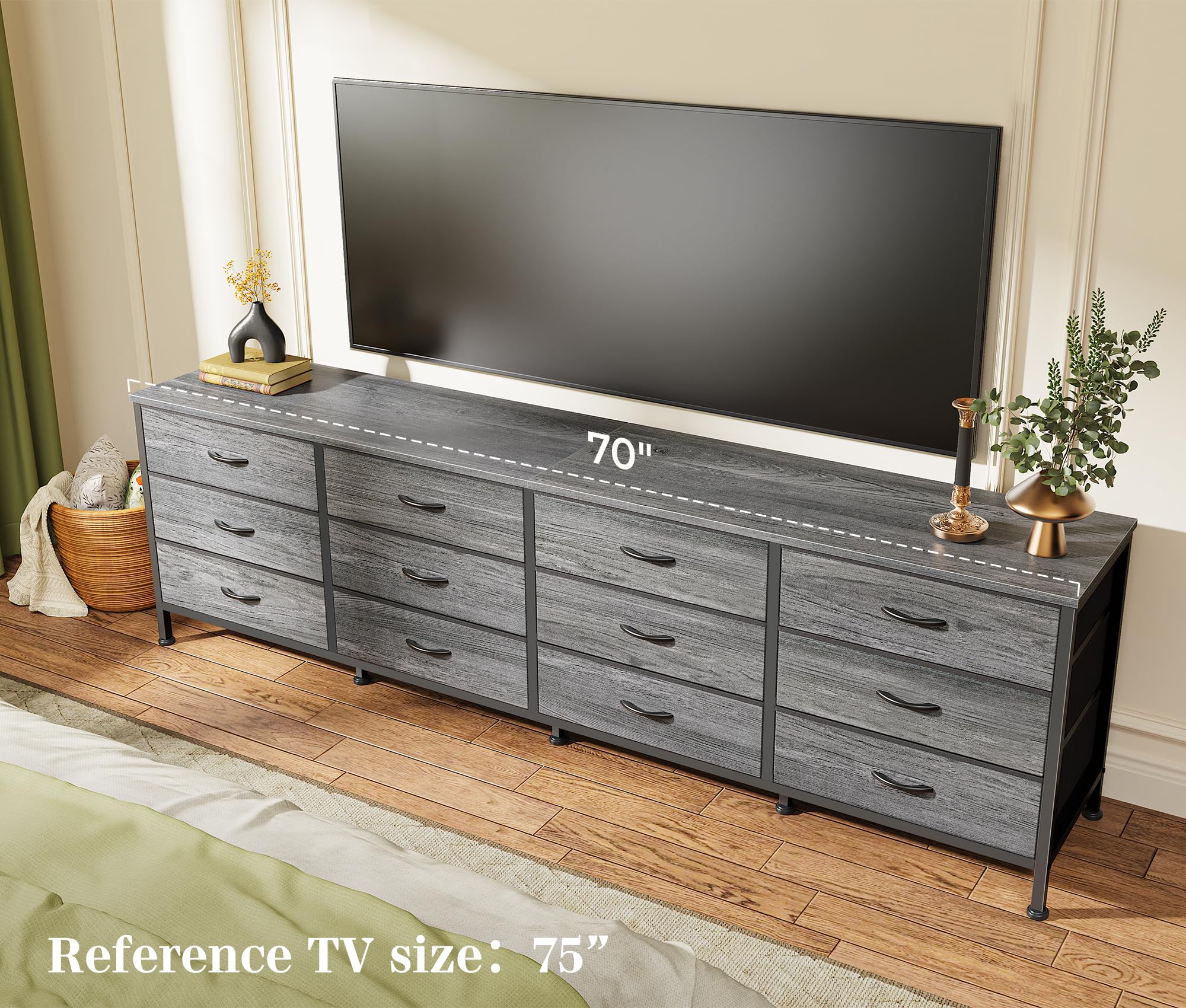 Huuger 70 Inch Dresser for Bedroom & Living Room - 12 Drawer Storage Organizer Unit, TV Stand for 65/75/80 Inch TVs, Wide Chest of Drawers with Fabric Drawers, Large Storage Furniture - Perfect for Bedroom Organization & Living Room Entertainment Setup (Grey)
