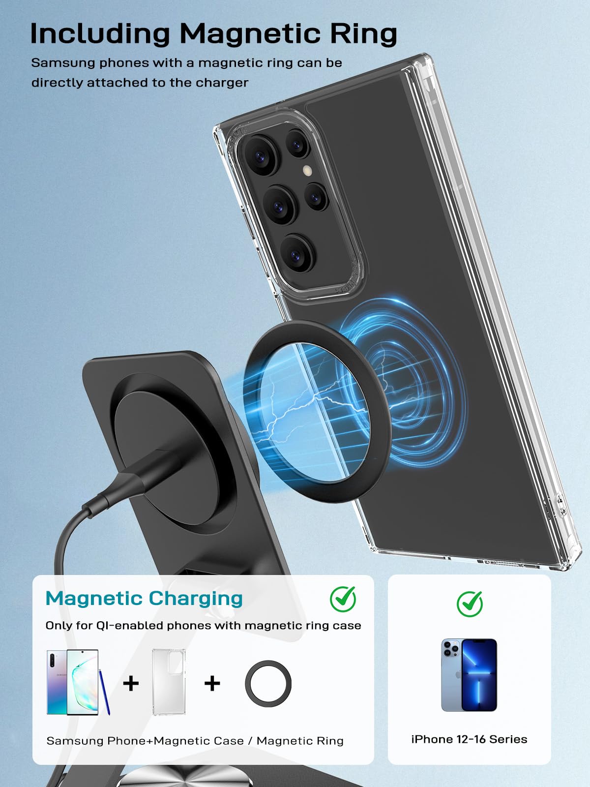 15W MagSafe Charger Stand with 360° Rotation - Foldable Wireless Charger for iPhone 16 Pro Max & Samsung Galaxy S25 Ultra | Travel-Friendly Magnetic Charging Station with Metal Ring | Perfect for Home, Office & Car Use