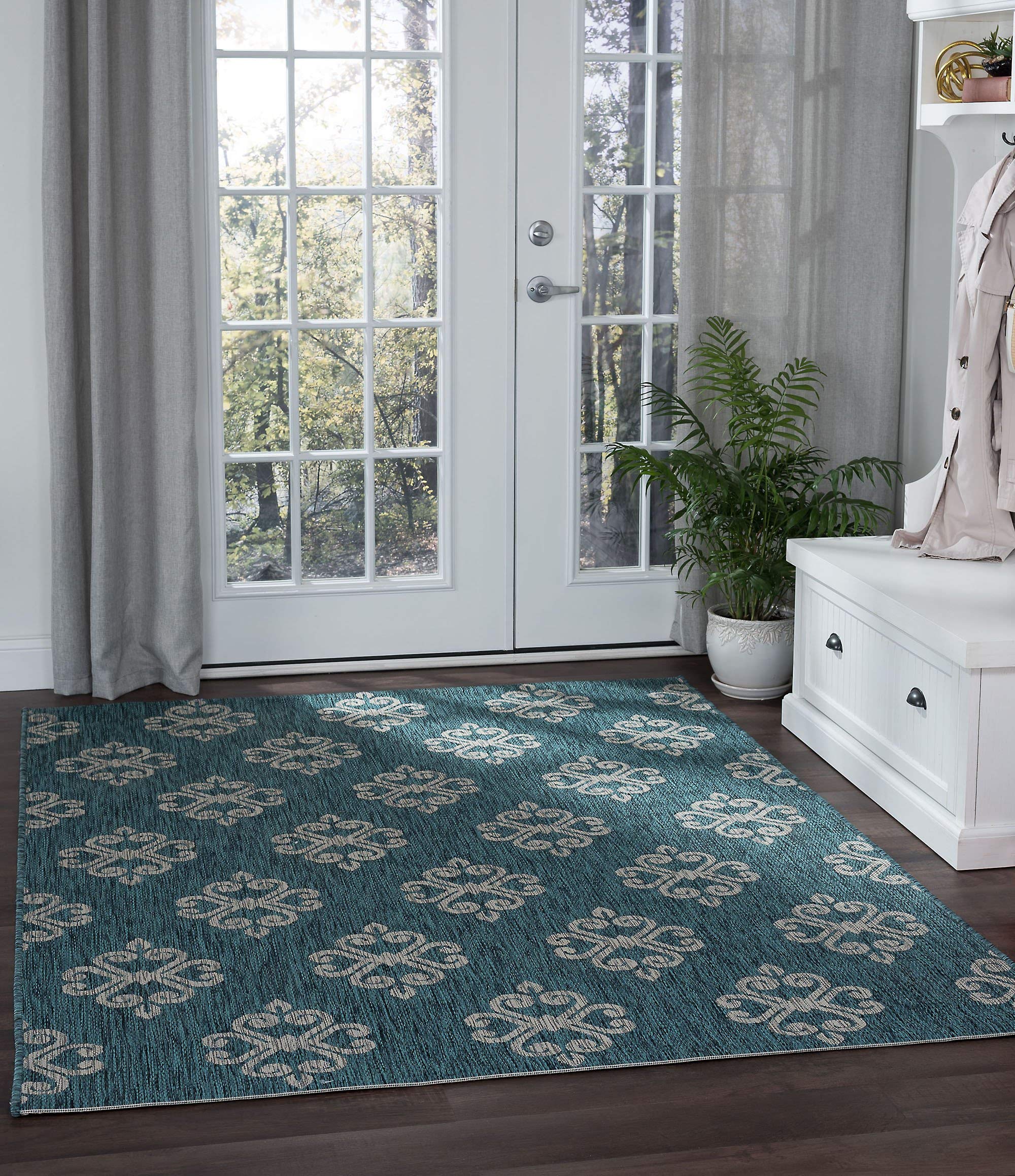 Teal Jute Large Water Resistant Indoor Outdoor Rug 8x10 - Entryway, Patio, Deck, Garden, Porch, Hallway, Living Room & Bedroom Carpet - Perfect for High Traffic Areas & Weatherproof Outdoor Use