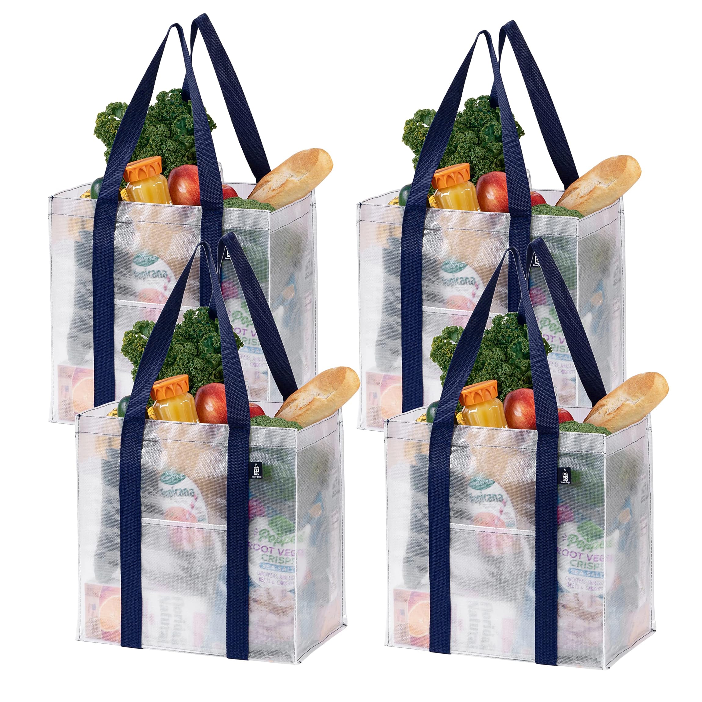 VENO 4 Pack Heavy-Duty Reusable Grocery Bags with Hard Bottom - Clear Shopping Bags for Supermarket, Farmers Market & Bulk Shopping - Fits Shopping Carts - Eco-Friendly & Durable (4 Pack)