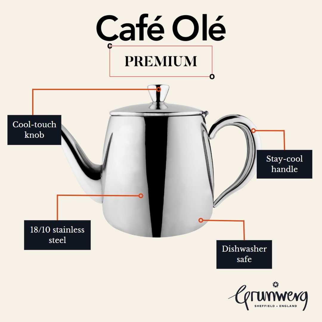 Premium 70oz Stainless Steel Tea Pot - 18/10 Mirror Polished Silver with Stay-Cool Hollow Handles & Perfect Pour Spout - Ideal for Iced Tea, Coffee Brewing & Kitchen Decor (Café Olé PT-070)