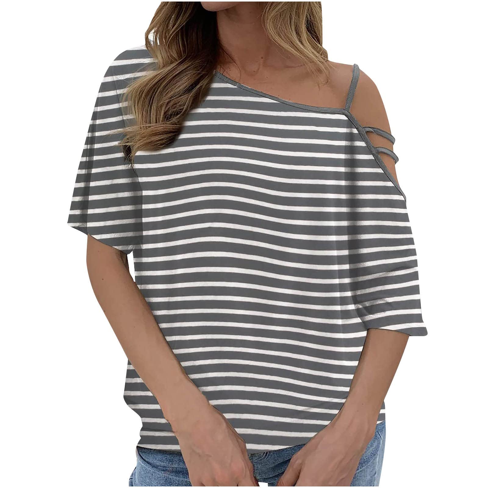 Women's Fashion Printed 3/4 Sleeve Sloping Shoulder Casual T-Shirt - Spring Floral Tee Top for Everyday Wear, Outings & Casual Office Outfits | BYP21