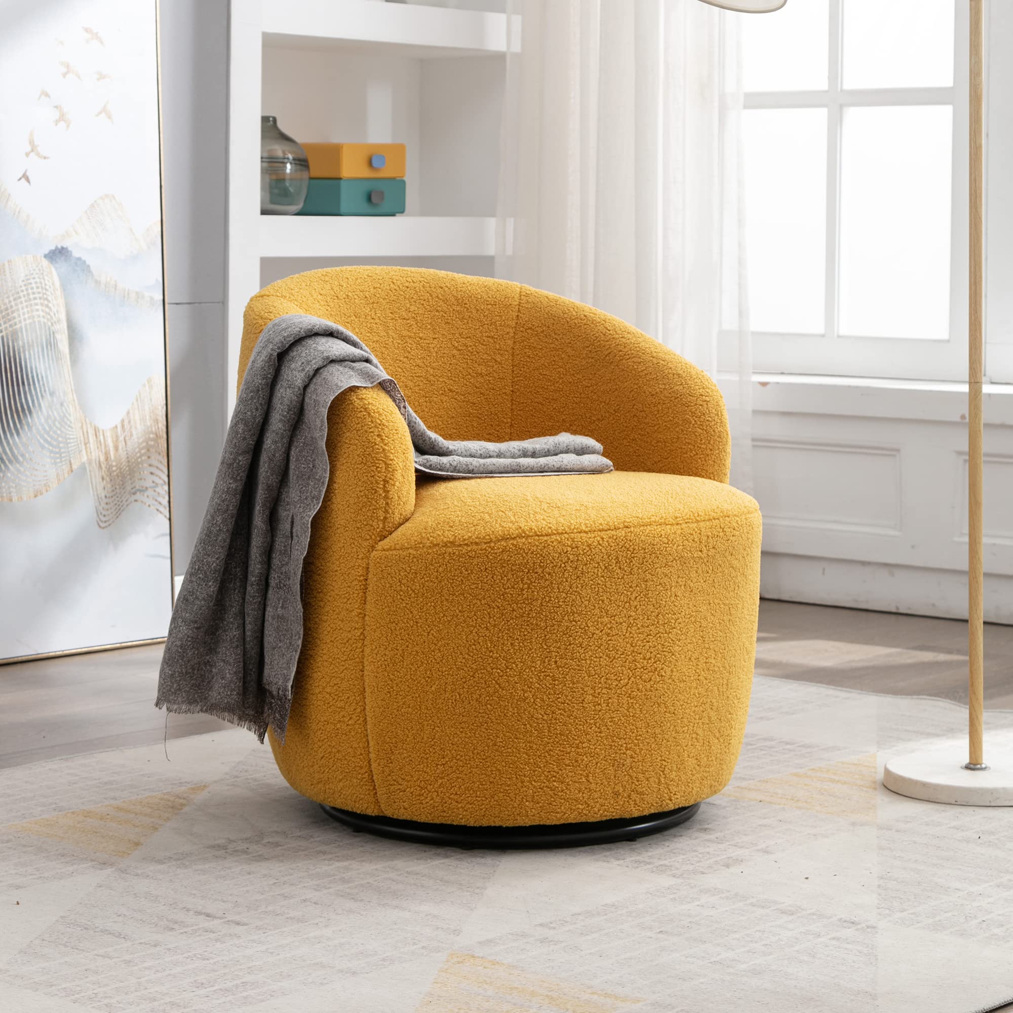 Ucloveria Round Swivel Chair - Small Modern Swivel Accent Chair for Living Room, Bedroom, Office - Soft Teddy Yellow Fabric - Perfect for Reading Nook, Lounge Area & Small Spaces